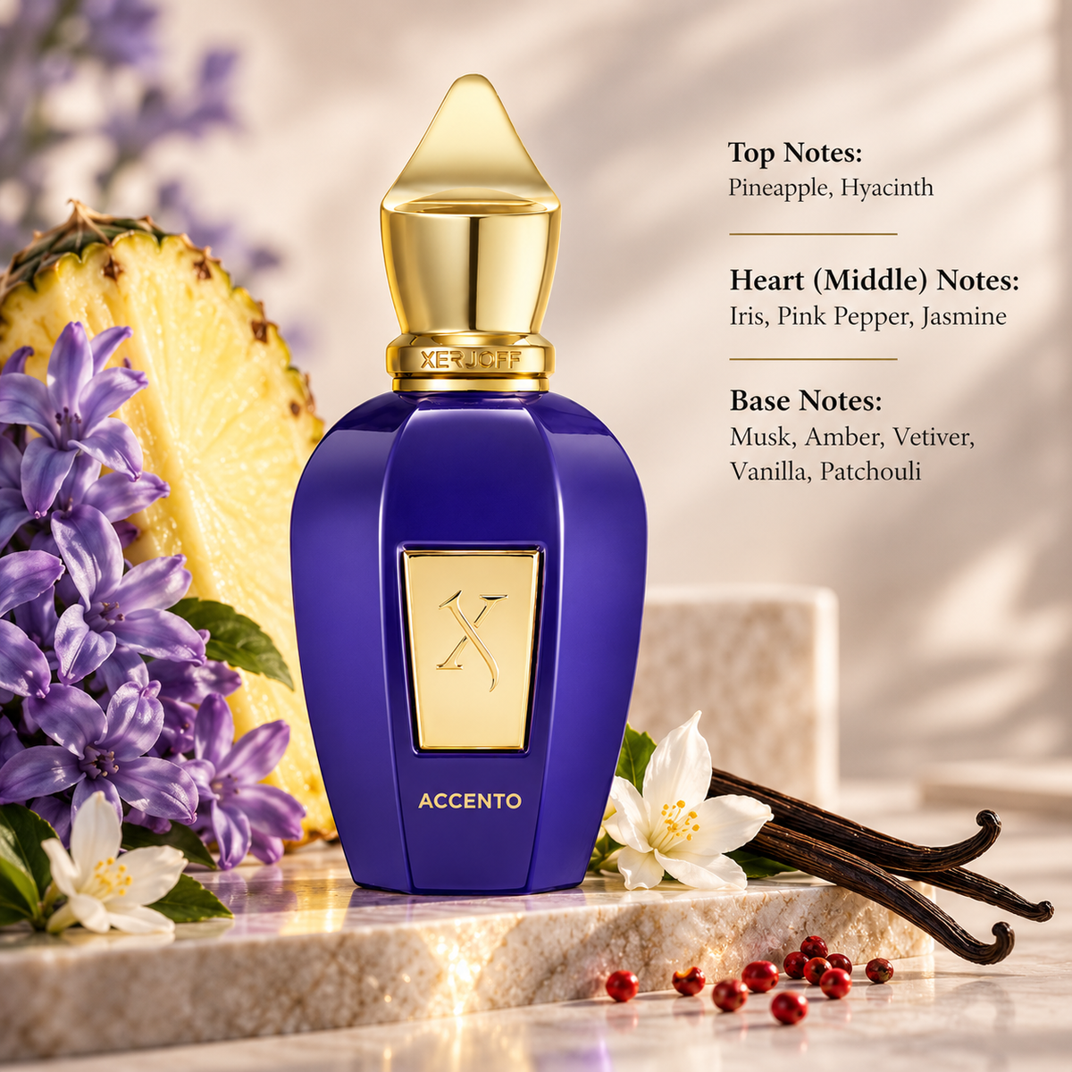 Xerjoff Accento 50ml Eau de Parfum Unisex presented in an elegant composition inspired by its fruity, floral and warm fragrance profile, featuring pineapple and hyacinth, a refined heart of iris, pink pepper and jasmine, and a smooth base of musk, amber, vetiver, vanilla and patchouli.