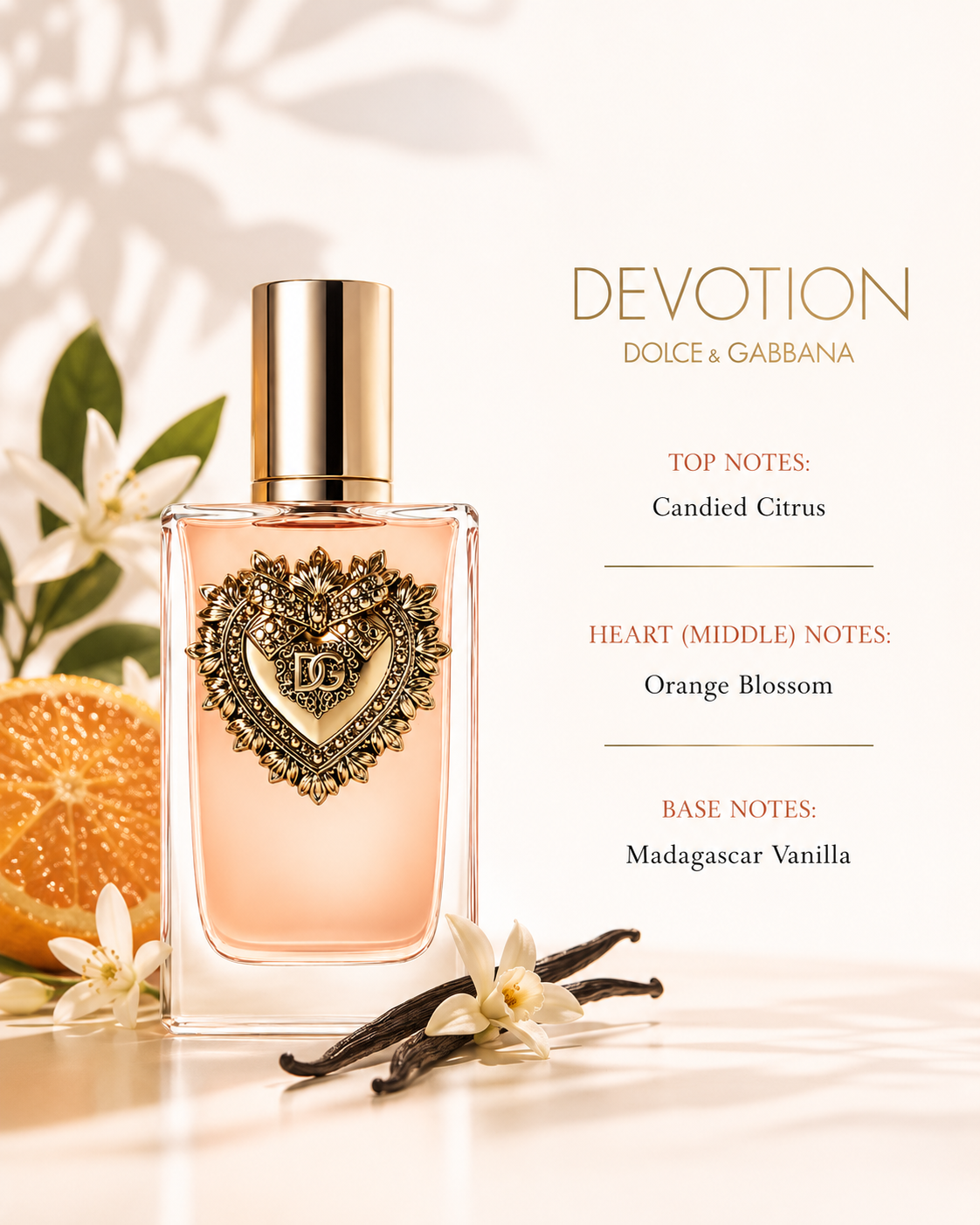 Dolce & Gabbana Devotion Eau de Parfum fragrance notes presentation featuring the elegant Devotion bottle with its signature gold Sacred Heart emblem, displayed alongside candied orange slices, delicate orange blossom flowers and Madagascar vanilla pods. The composition illustrates the fragrance pyramid with candied citrus as the top note, orange blossom as the heart note and Madagascar vanilla as the base note, emphasizing the perfume's warm gourmand-floral character and luxurious Italian inspiration.