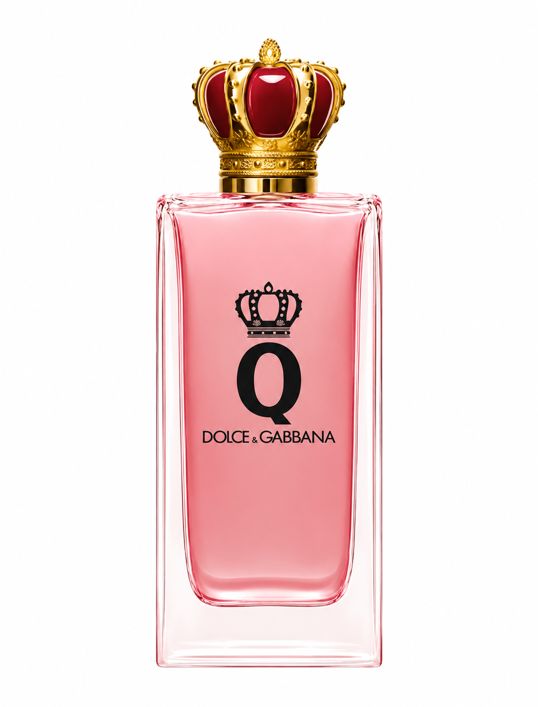 Dolce & Gabbana Q Intense 100ml Eau de Parfum for Women in an elegant pink glass bottle with a signature gold and ruby crown cap, isolated on a pure white background.