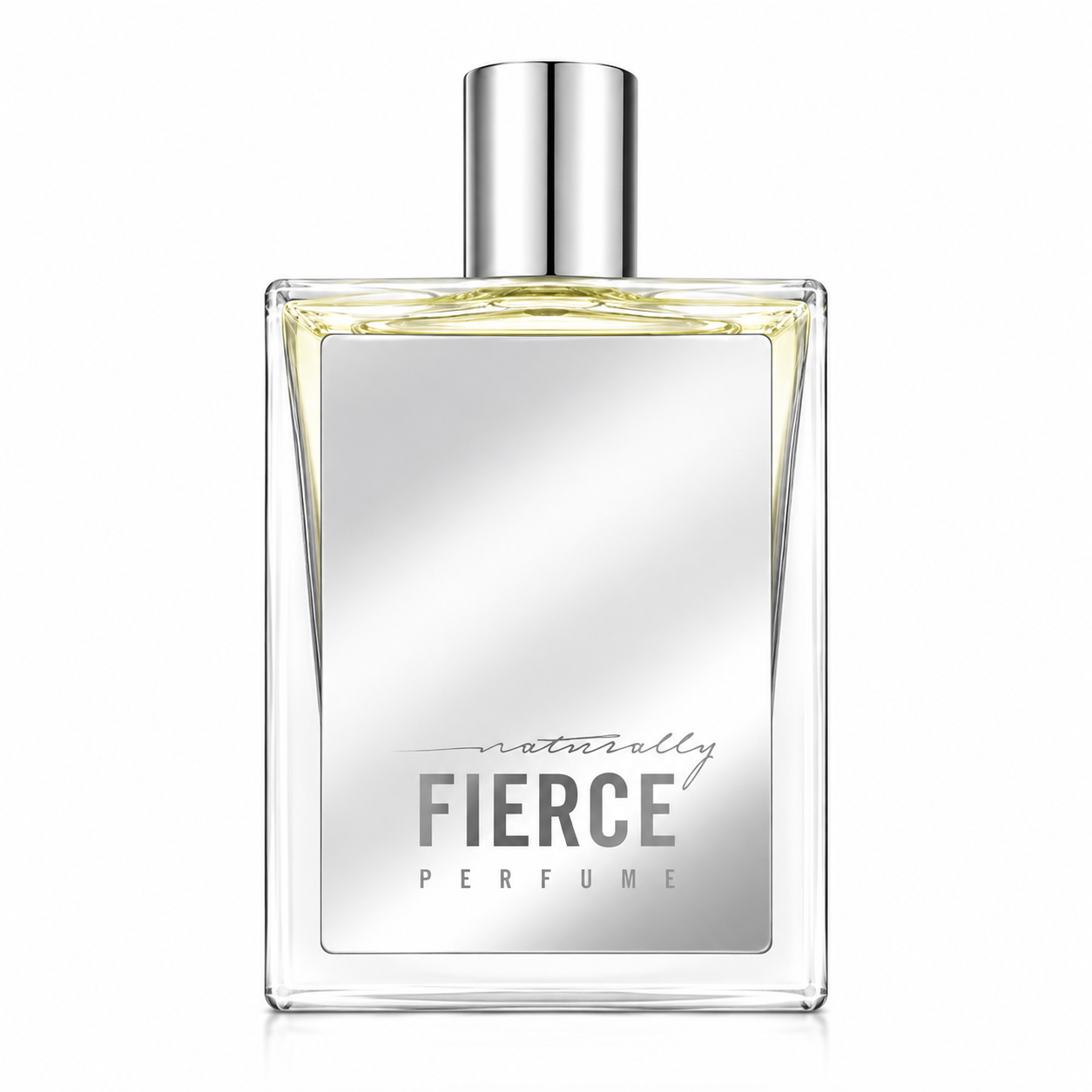 Abercrombie & Fitch Naturally Fierce 100ml Perfume for Women in a clear glass bottle with a silver cap, isolated on a pure white background.