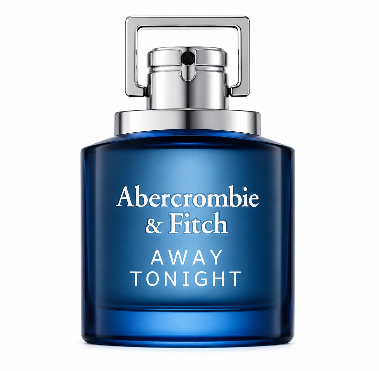 Abercrombie & Fitch Away Tonight 100ml EDT for Women in an elegant blue glass bottle with silver cap, isolated on a pure white background.