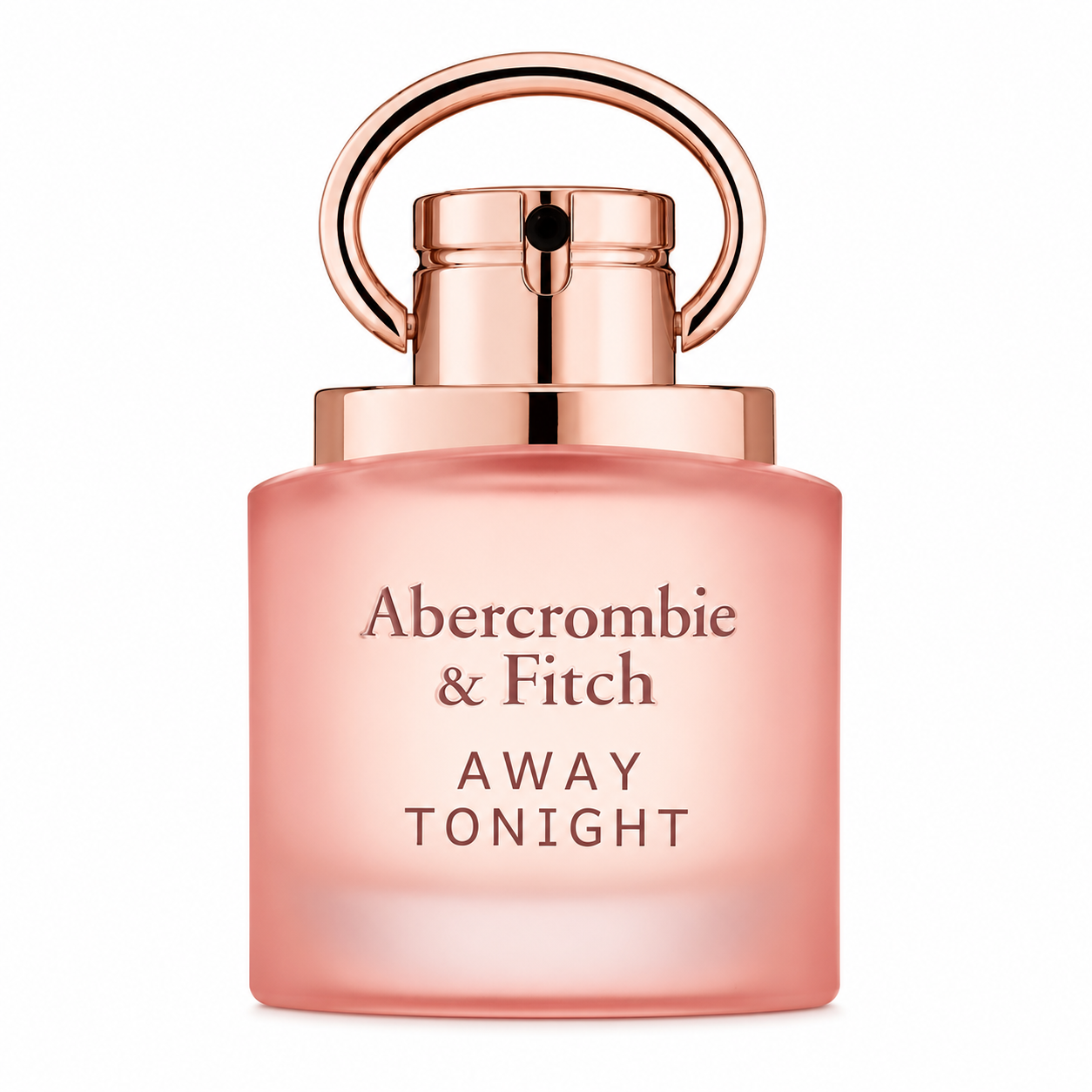 Abercrombie & Fitch Away Tonight 100ml EDP for Women in a frosted pink glass bottle with a rose gold cap, isolated on a pure white background.