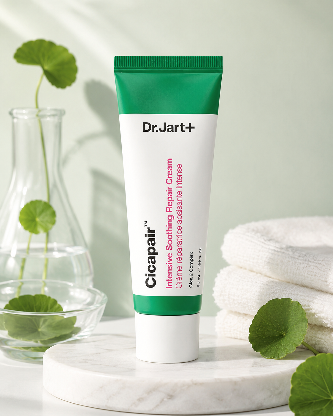 Dr.Jart+ Cicapair Intensive Soothing Repair Cream 50ml displayed on a white marble pedestal with Centella Asiatica leaves, folded white towels and minimalist glass skincare accessories, highlighting its soothing, barrier-repairing and hydrating properties in a fresh spa-inspired setting.