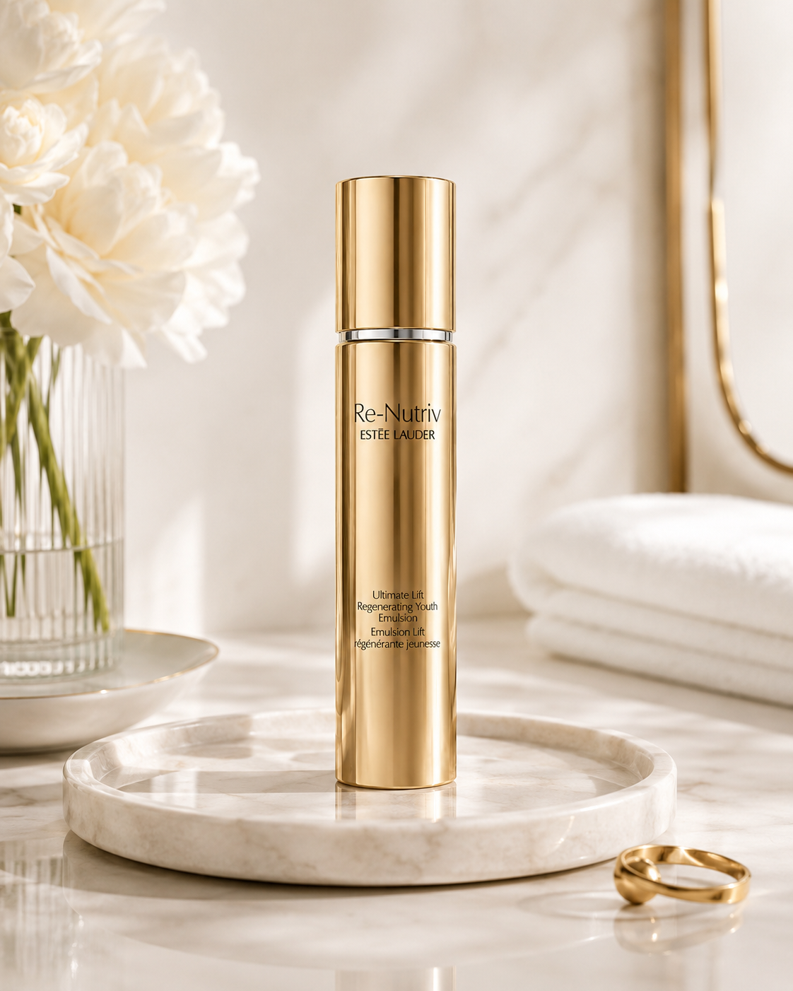 Estée Lauder Re-Nutriv Ultimate Lift Regenerating Youth Emulsion elegantly displayed on a polished cream marble vanity tray in warm natural morning light. The luxurious skincare setting features blooming ivory peonies in a ribbed glass vase, plush folded white spa towels, a gold-framed vanity mirror softly blurred in the background, and a delicate gold ring placed beside the tray for an elevated lifestyle touch.