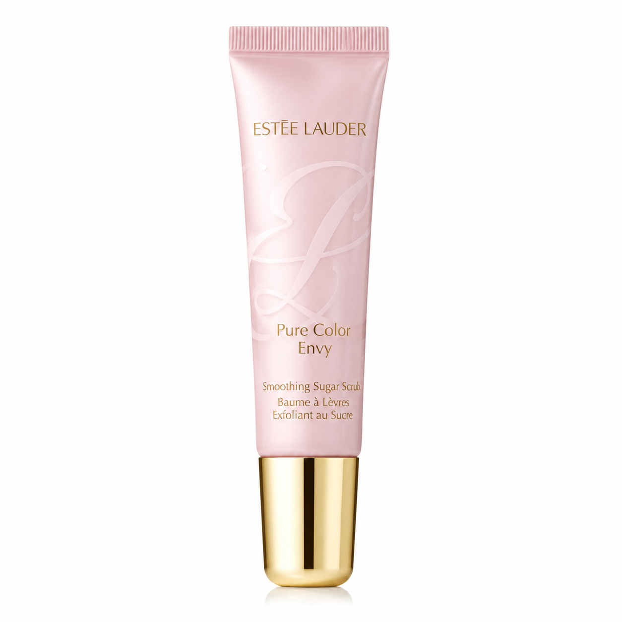 Estée Lauder Pure Color Envy Smoothing Sugar Scrub presented in an elegant soft blush-pink squeeze tube with luxurious gold typography and a polished metallic gold cap. Displayed upright on a flawless pure white background with premium studio lighting, crystal-clear reflections, subtle natural shadows, and exceptional detail that highlights the smooth satin finish of the packaging.