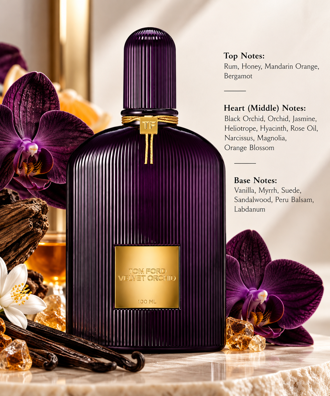Tom Ford Velvet Orchid 100ml Eau de Parfum with notes of rum, honey, mandarin orange, bergamot, black orchid, jasmine, rose oil, orange blossom, vanilla, myrrh, suede, sandalwood, Peru balsam and labdanum.