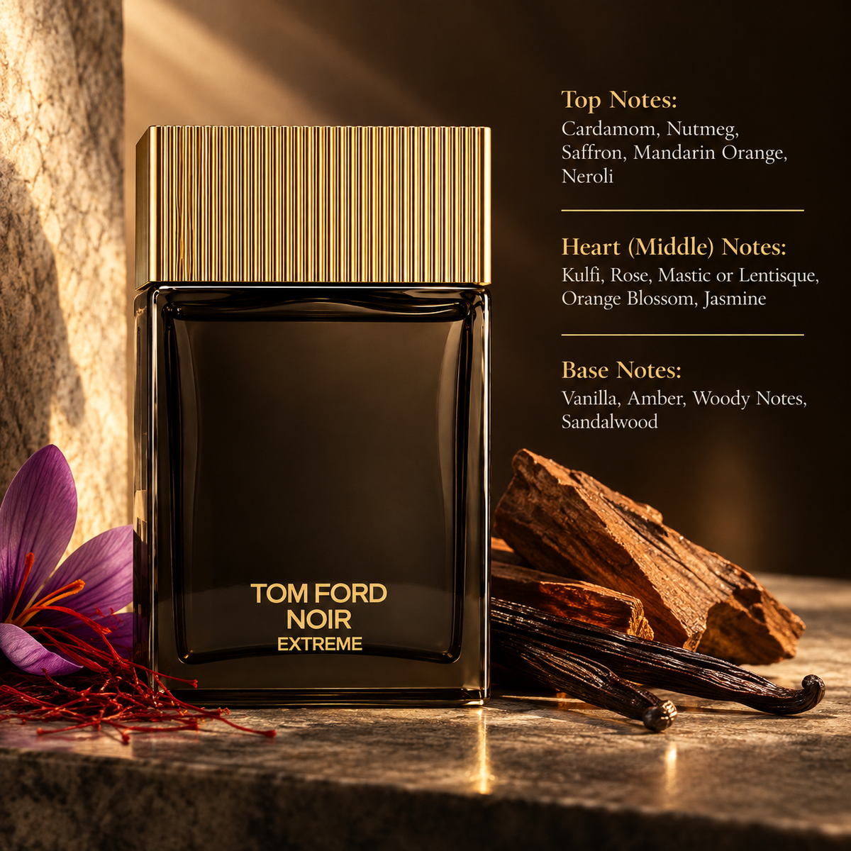 Tom Ford Noir Extreme Eau de Parfum presented in a warm, sophisticated setting inspired by its spicy, gourmand and woody character, featuring cardamom, nutmeg, saffron and citrus notes, a rich kulfi and floral heart, and a smooth base of vanilla, amber, sandalwood and woody notes.