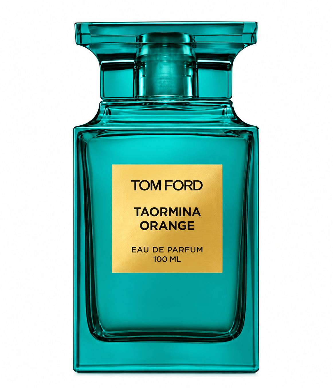 Tom Ford Taormina Orange 100ml Eau de Parfum presented in a striking turquoise glass bottle with a matching architectural cap and signature gold Tom Ford label, photographed against a clean white background.
