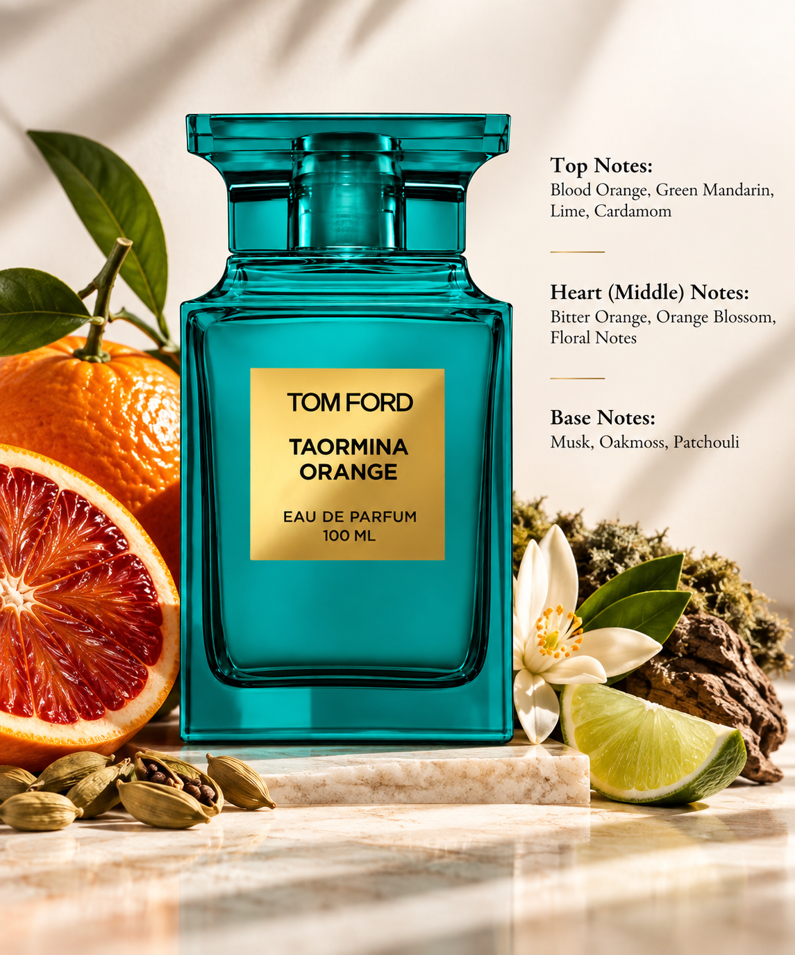 Tom Ford Taormina Orange 100ml Eau de Parfum in an elegant Mediterranean-inspired composition with blood orange, green mandarin, lime, cardamom, orange blossom, oakmoss and woods, visually reflecting its vibrant citrus, floral and earthy fragrance profile.