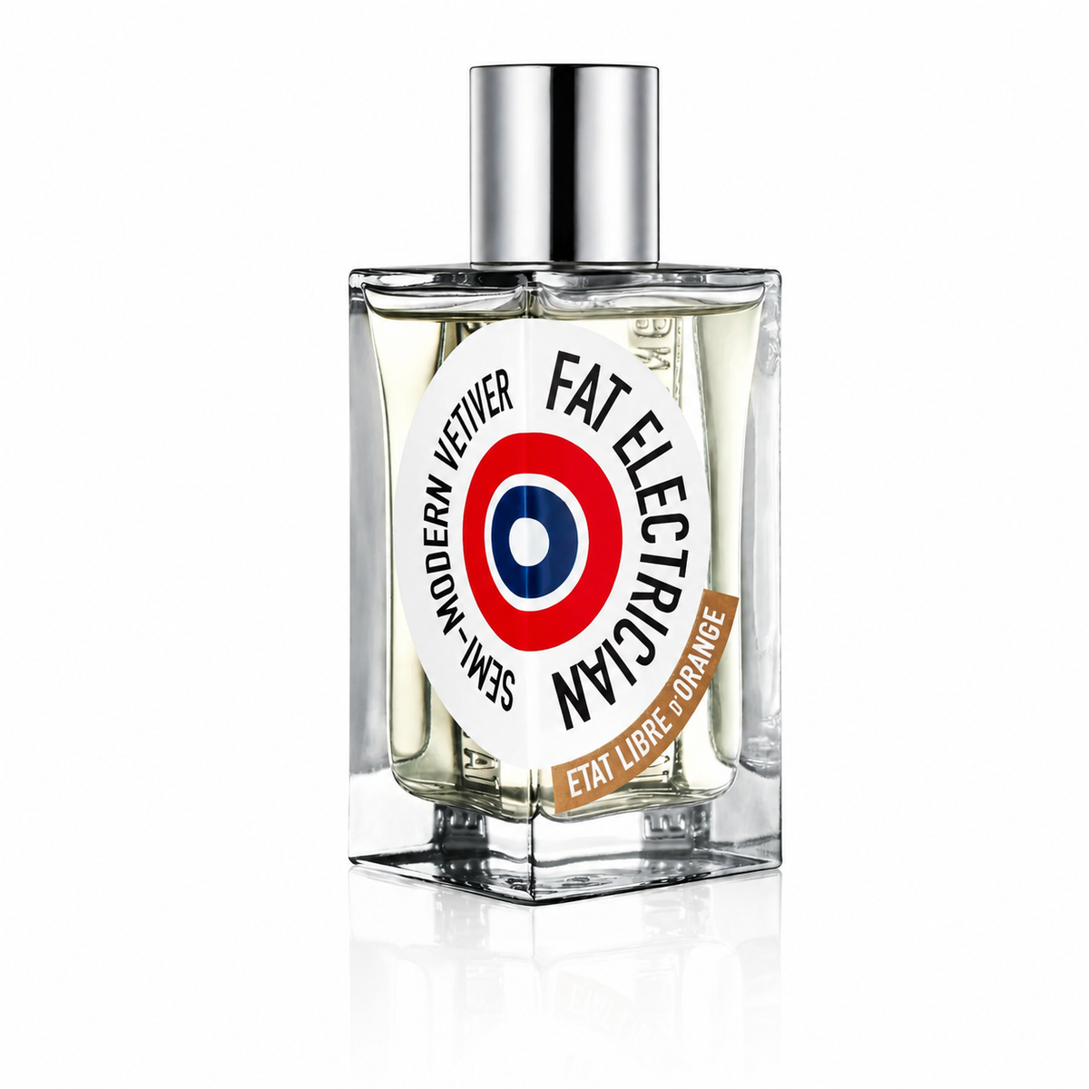 Etat Libre d’Orange Fat Electrician Eau de Parfum bottle with silver cap and bold circular label, centered on a clean white background with a subtle reflection.
