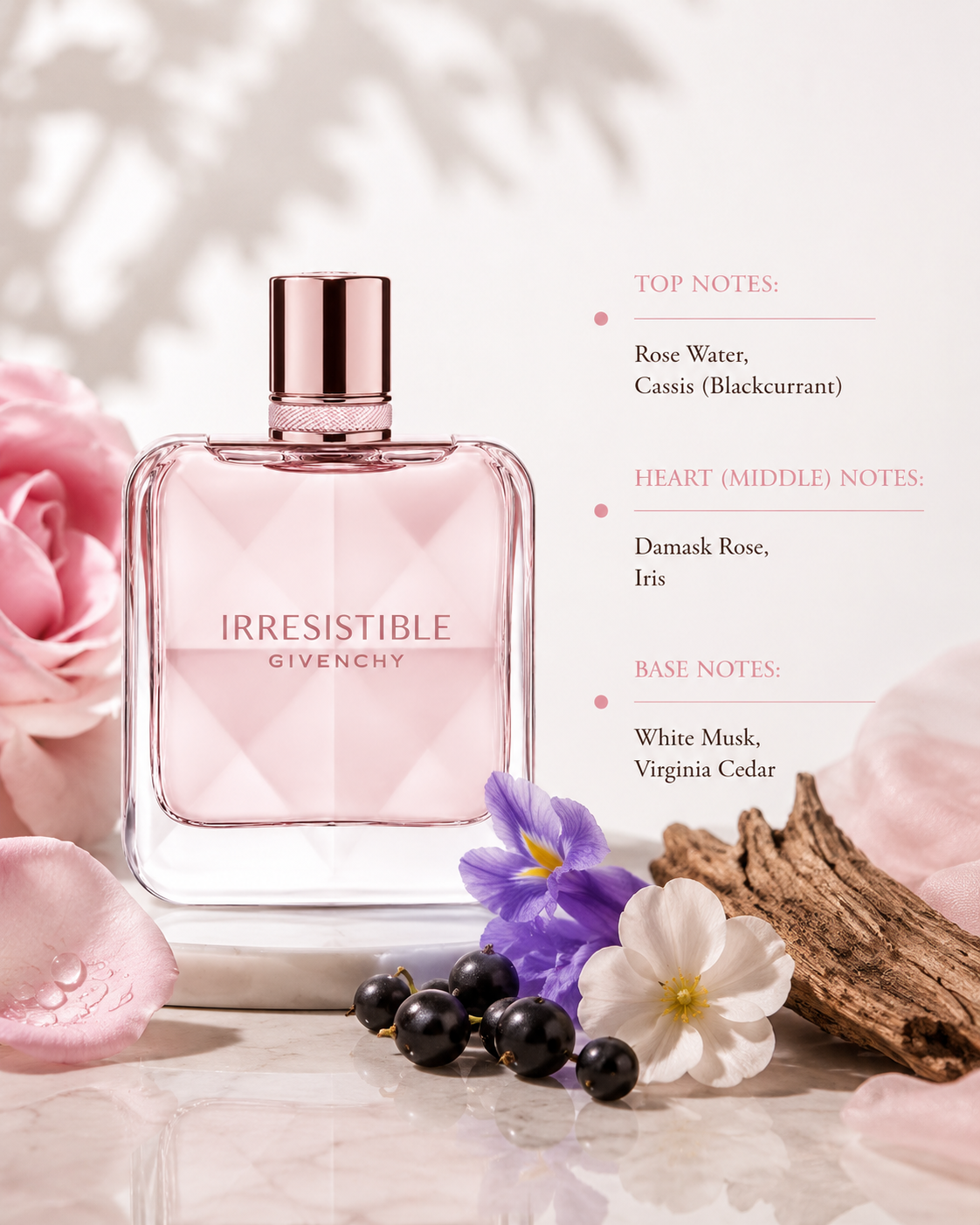 Givenchy Irresistible 80ml Eau de Toilette for Women displayed with rose water, blackcurrant, Damask rose, iris, white musk and Virginia cedar, highlighting its fresh floral woody fragrance.