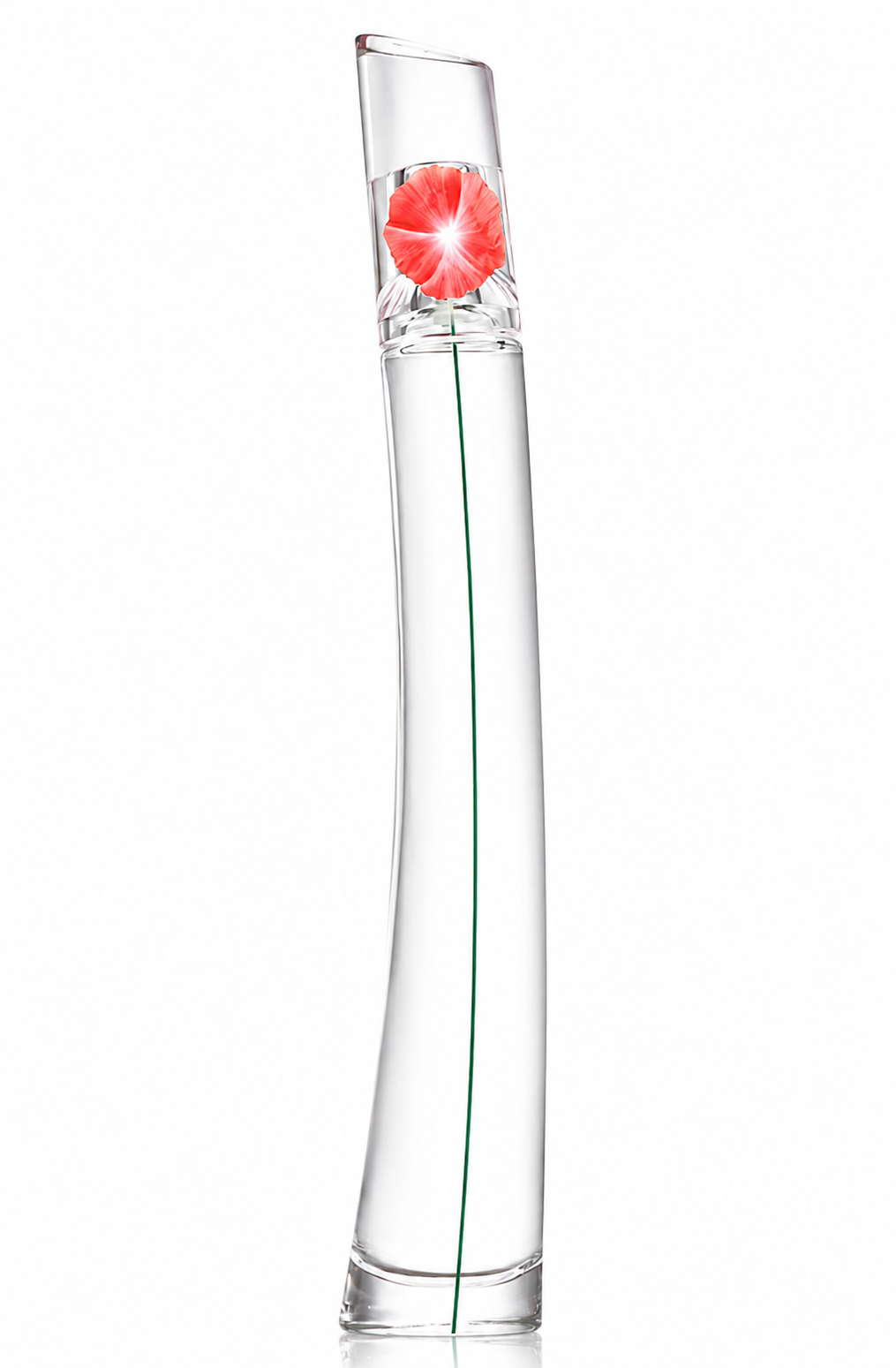 Kenzo Flower 30ml Eau de Toilette in an elegant, slender transparent glass bottle featuring the iconic red poppy design, isolated on a pure white background for a clean and premium product presentation.