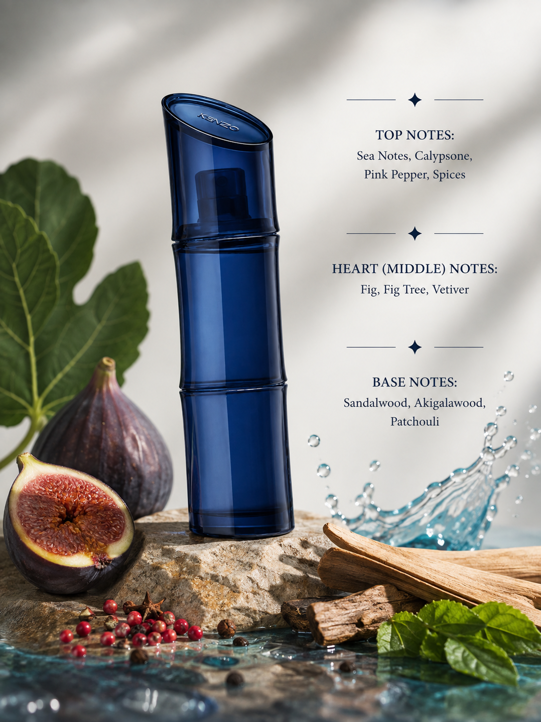 Kenzo Homme Intense Eau de Toilette displayed among fresh figs, fig leaves, pink peppercorns, aromatic spices, driftwood, sandalwood, patchouli leaves, vetiver roots and crystal-clear ocean water splashes, creating a sophisticated coastal composition that reflects its fresh marine opening, green woody heart and warm earthy base.