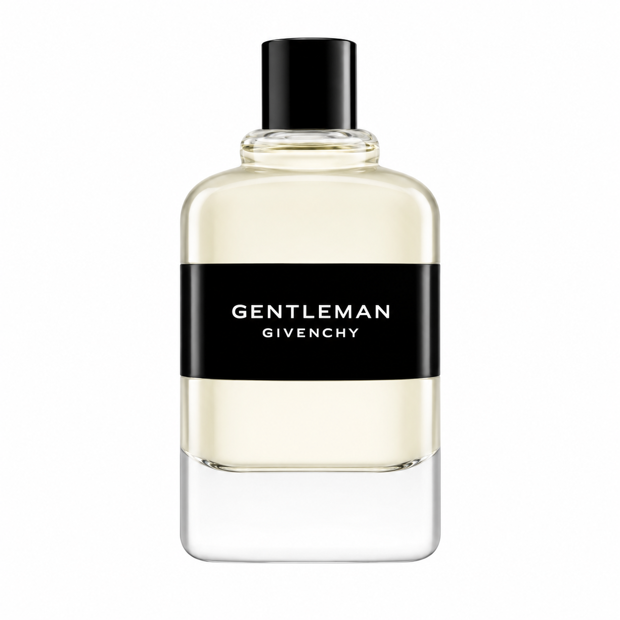 Givenchy Gentleman 100ml Eau de Toilette for Men in a minimalist clear glass bottle with a black cap and signature black label, isolated on a pure white background.