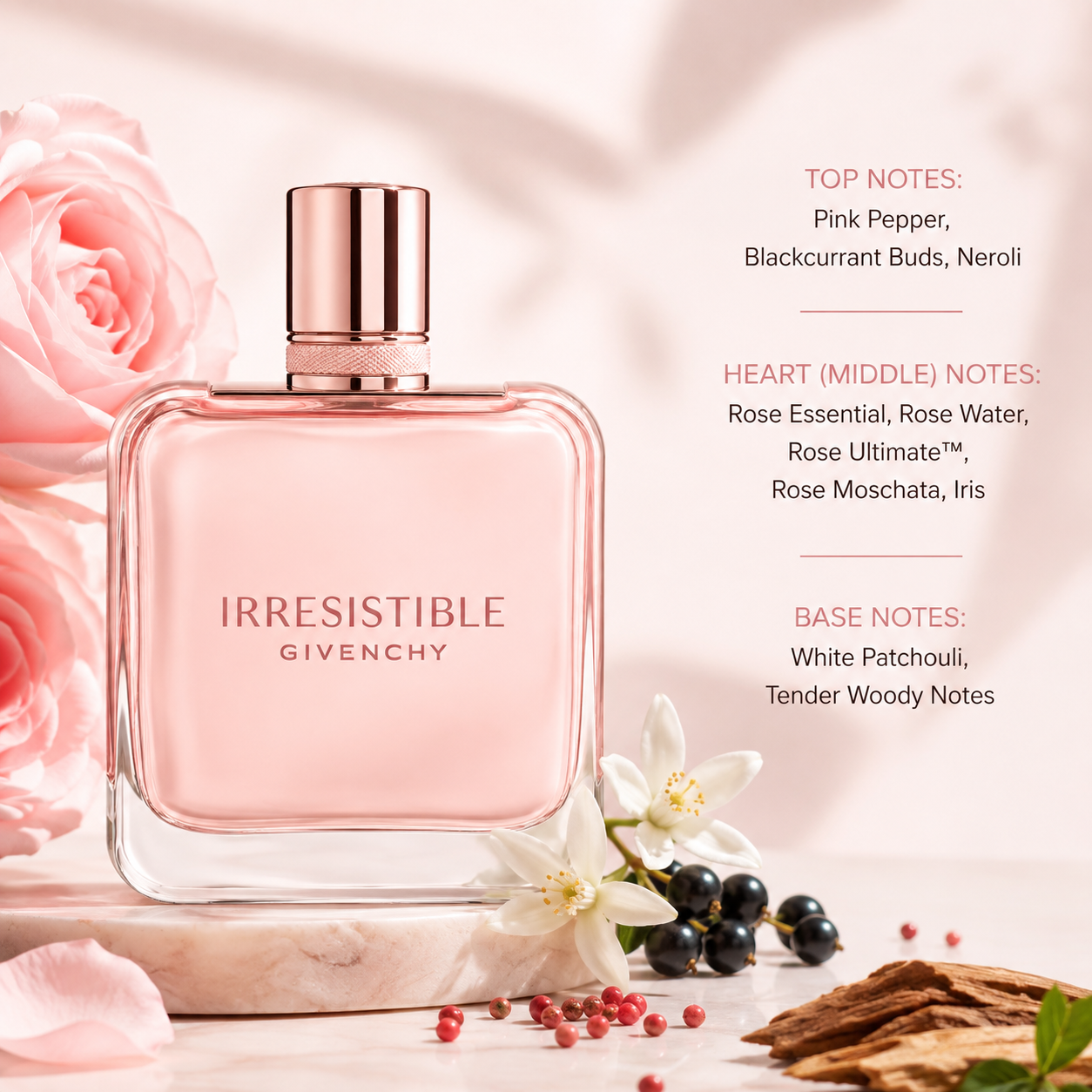 Givenchy Irresistible Eau de Parfum elegantly displayed on a polished blush marble pedestal within a luxurious feminine vanity setting. The iconic soft pink bottle is surrounded by blooming pink roses, delicate white neroli blossoms, blackcurrants, scattered pink peppercorns, and warm woody elements representing its fragrance notes. Soft golden morning sunlight filters through sheer curtains, creating gentle shadows and a romantic glow.