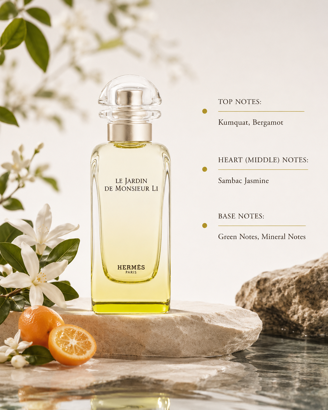 Hermès Le Jardin de Monsieur Li 50ml Eau de Toilette for Women and Men displayed with kumquat, bergamot, jasmine sambac and mineral-inspired green notes, reflecting its fresh citrus aromatic fragrance.