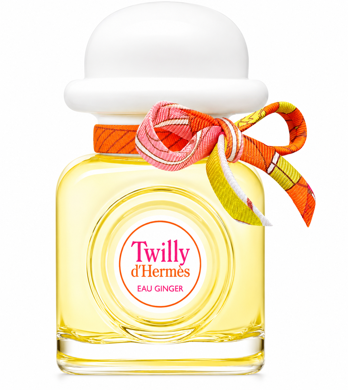 Hermès Twilly d’Hermès Eau Ginger 50ml Eau de Parfum in a playful square glass bottle with a signature silk ribbon, frosted white cap and golden fragrance, isolated on a pure white background.