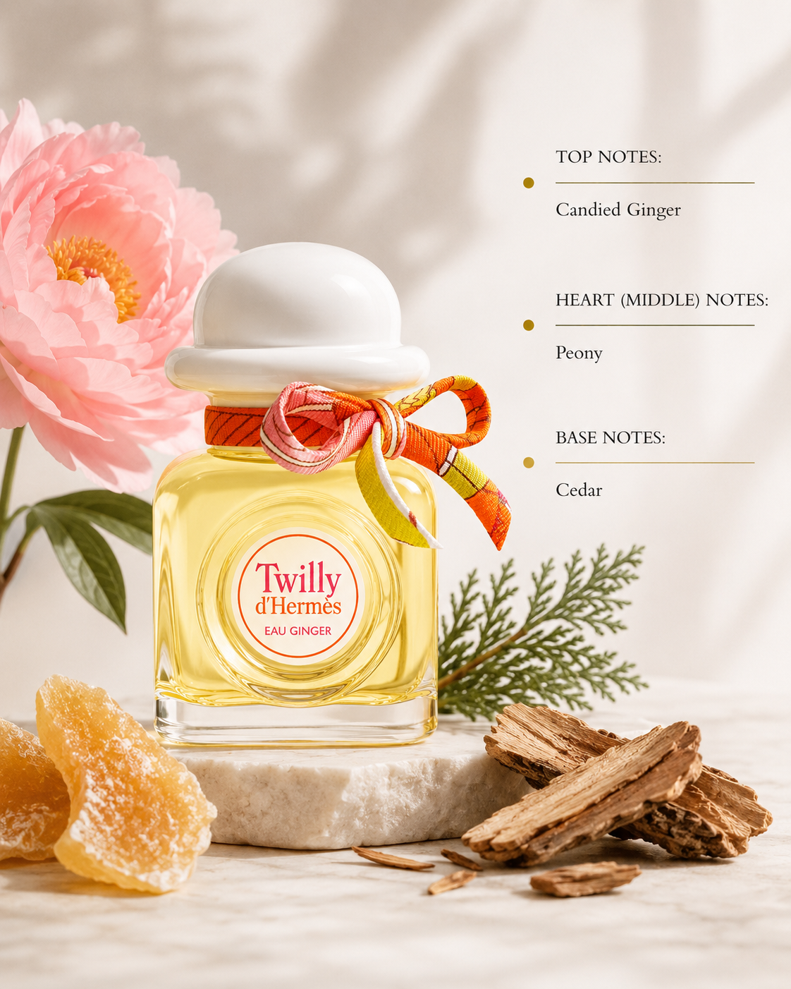 Hermès Twilly d’Hermès Eau Ginger 50ml Eau de Parfum displayed with candied ginger, peony petals and cedar wood, reflecting its bright, spicy-floral fragrance in an elegant, feminine setting.