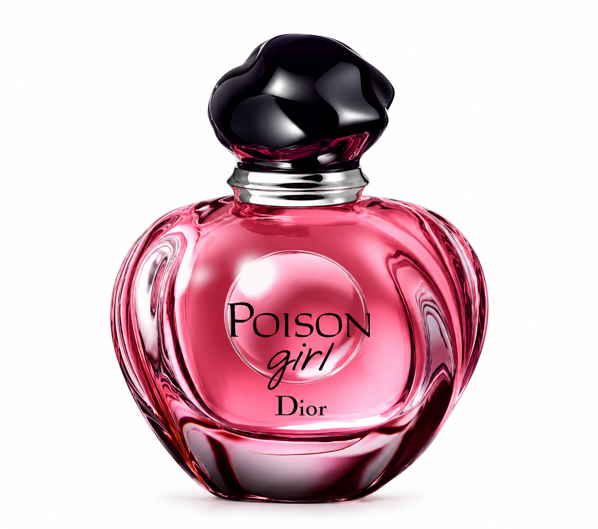 Dior Poison Girl perfume bottle in vibrant pink glass with a sculpted dark cap, photographed front-facing on a clean white background.
