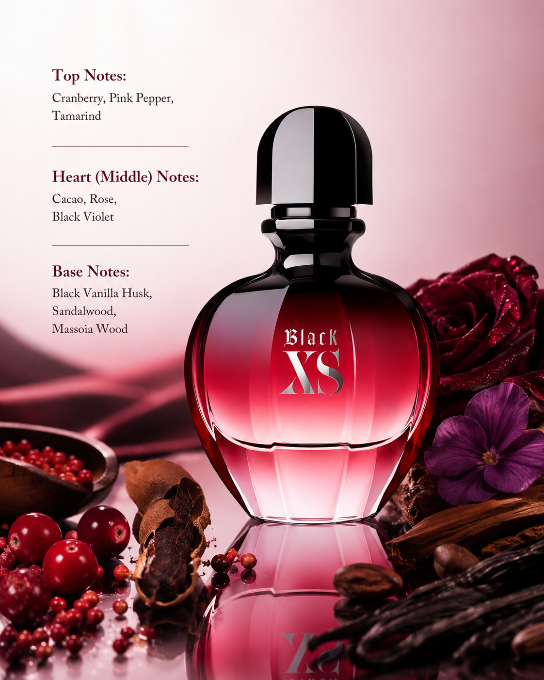 Paco Rabanne Black XS Eau de Parfum 80ml displayed on a luxurious reflective surface surrounded by juicy cranberries, pink pepper, tamarind, dark rose petals, violet blossoms, rich cacao, vanilla pods, sandalwood and warm exotic woods, creating a seductive atmosphere that perfectly captures its fruity, floral and gourmand woody fragrance profile.