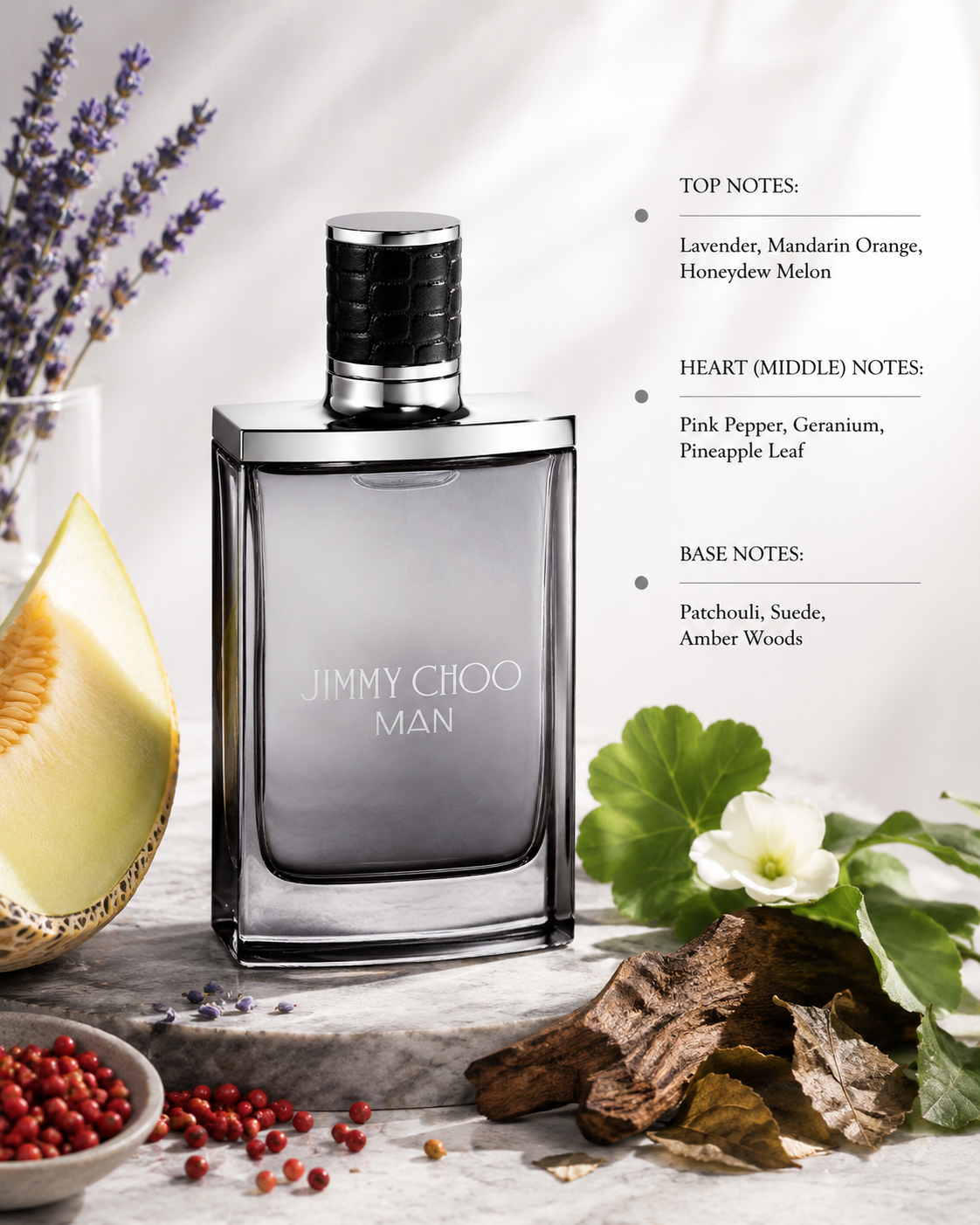 Jimmy Choo Man 30ml Eau de Toilette displayed with lavender, mandarin, honeydew melon, pink pepper, patchouli and amber wood elements, highlighting its fresh aromatic woody character in an elegant composition.