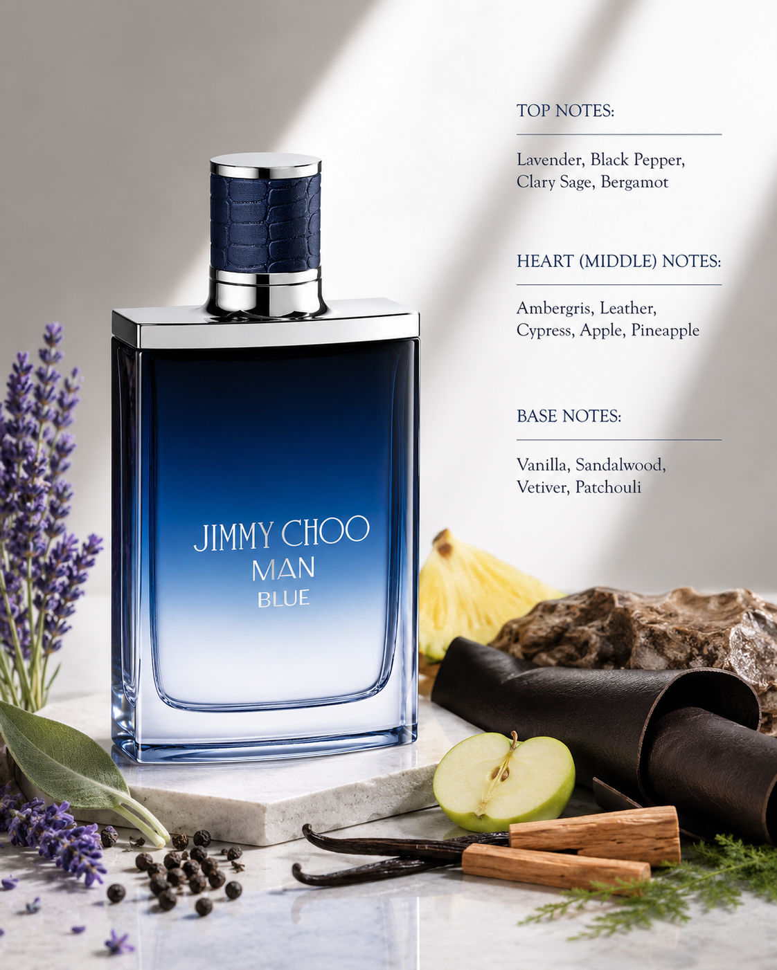 Jimmy Choo Man Blue 100ml Eau de Toilette displayed with lavender, black pepper, bergamot, apple, leather, vanilla and sandalwood accents, reflecting its fresh aromatic woody fragrance in an elegant, masculine composition.