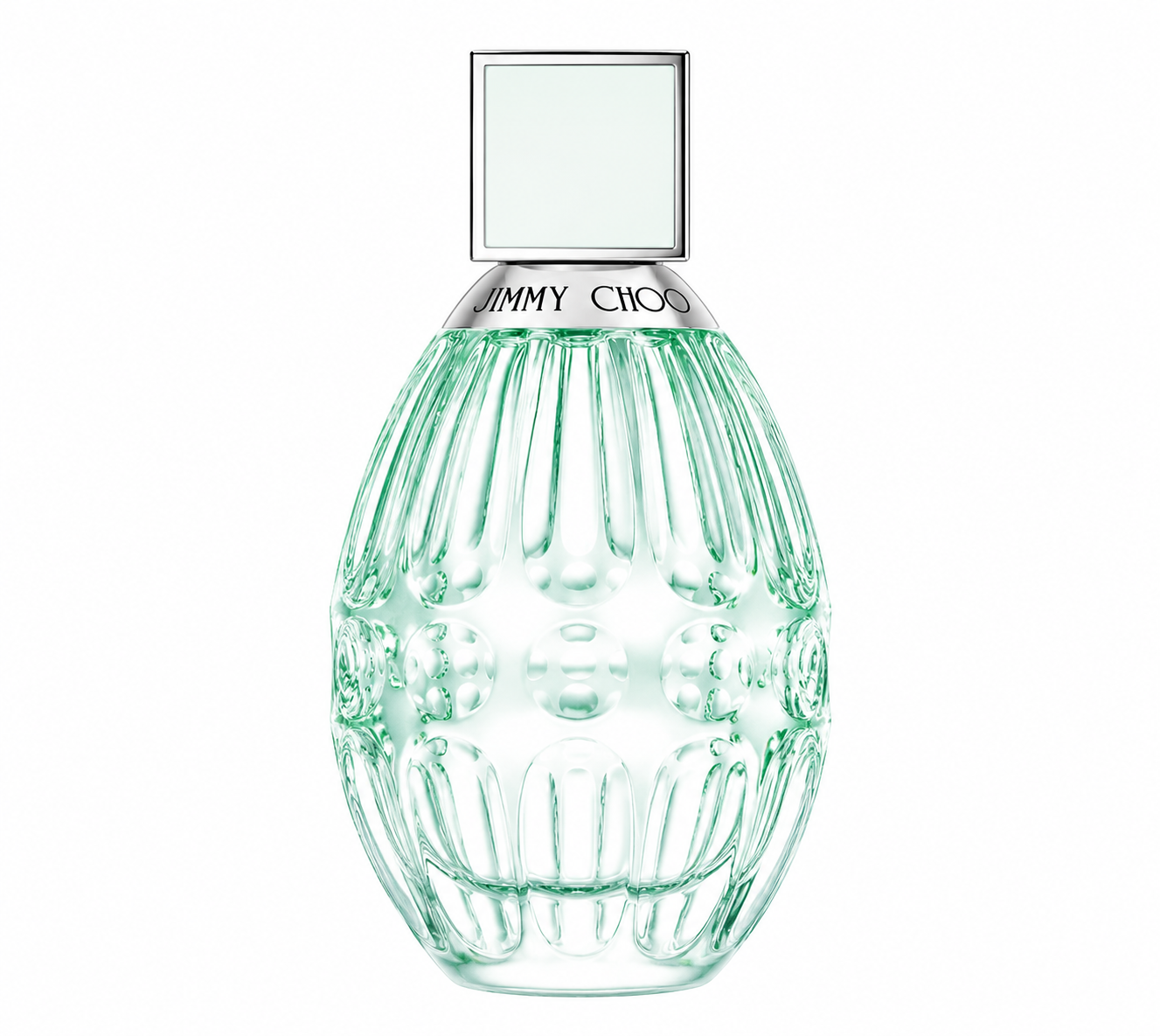 Jimmy Choo Floral 60ml Eau de Toilette in an elegant mint-green faceted glass bottle with silver accents, isolated on a pure white background, showcasing its fresh and feminine design.
