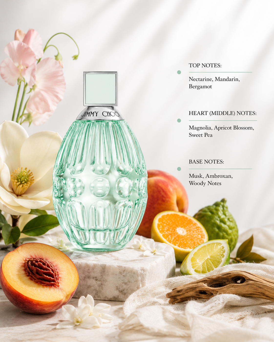 Jimmy Choo Floral 60ml Eau de Toilette displayed with nectarine, mandarin, bergamot, magnolia, apricot blossom, sweet pea and soft woody accents, reflecting its delicate fruity-floral fragrance in a bright, elegant setting.