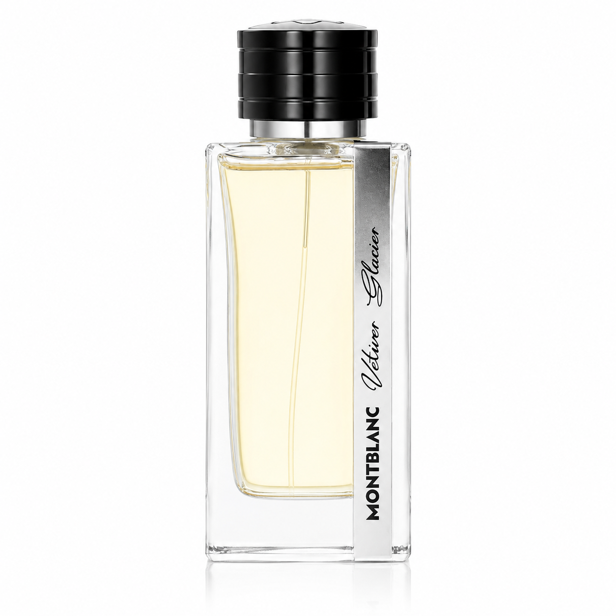 Montblanc Vetiver Glacier Eau de Parfum presented in its elegant rectangular transparent glass bottle with a warm golden fragrance, signature brushed silver vertical plaque engraved "Montblanc Vetiver Glacier," refined black ridged cap inspired by the Montblanc emblem and flawless pure white background. Premium studio lighting highlights the crystal-clear glass, subtle reflections, minimalist luxury and timeless masculine sophistication, creating a clean, high-end e-commerce presentation.