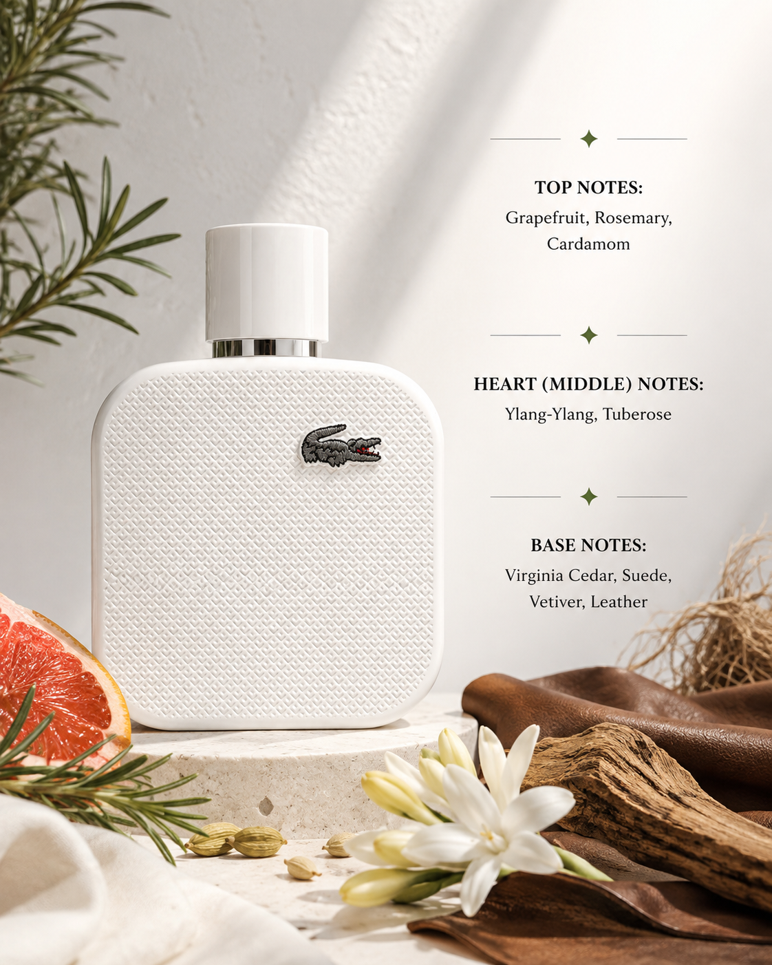 Lacoste L.12.12 Blanc Eau de Toilette presented in a refined composition with fresh grapefruit, rosemary sprigs, green cardamom pods, elegant white tuberose flowers, soft suede, cedarwood, vetiver roots and smooth leather accents on a clean stone surface, creating a sophisticated and fresh atmosphere that reflects the fragrance's crisp citrus opening, aromatic floral heart and warm woody-leather base.