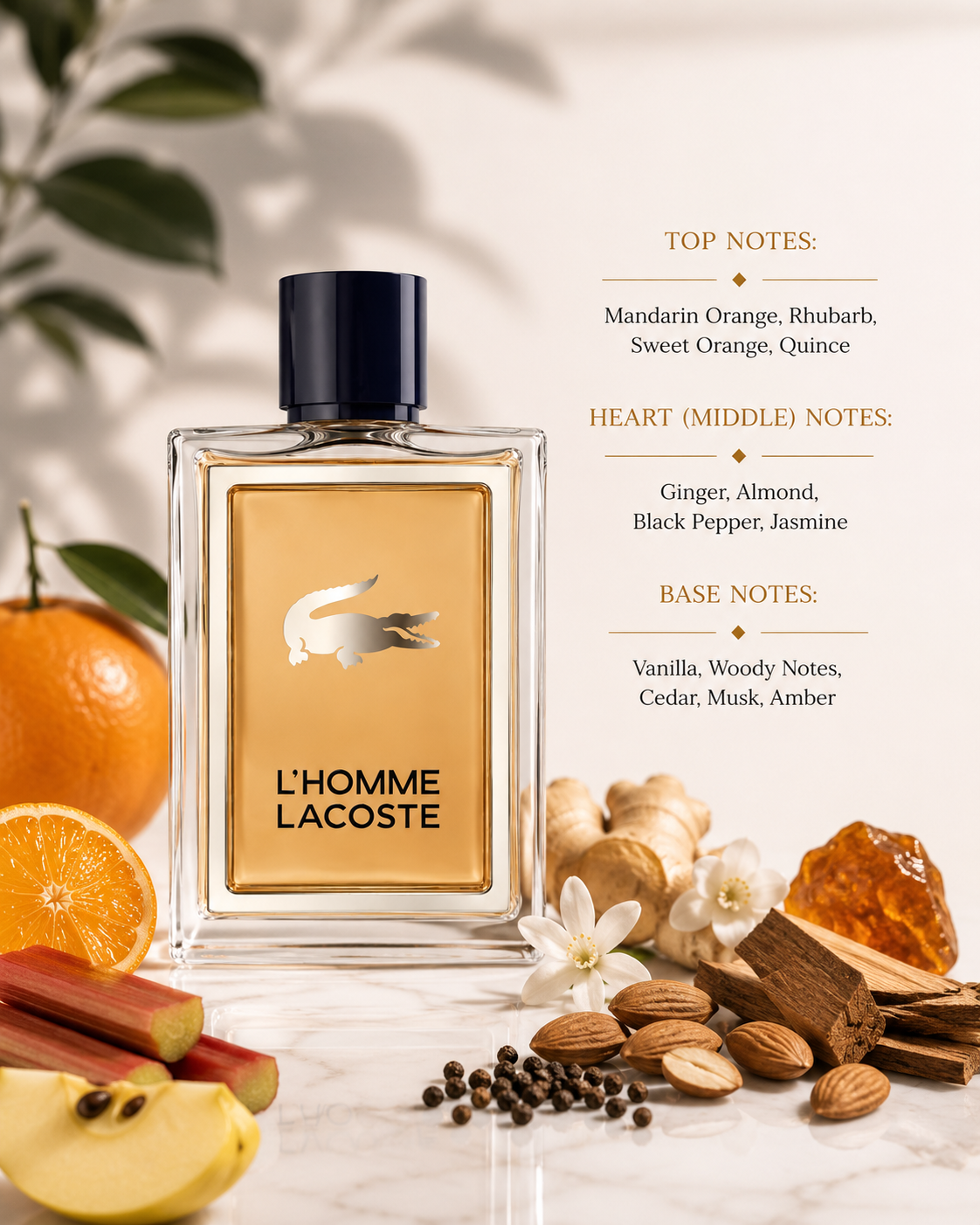 Lacoste L'Homme Eau de Toilette displayed in a refined luxury composition on a polished natural marble surface, surrounded by fresh mandarin orange, sweet orange, rhubarb stalks, quince, sliced apple, fresh ginger root, almonds, black peppercorns, delicate jasmine blossoms, cedarwood, golden amber resin and soft woody accents. Warm natural sunlight filters through elegant foliage, casting subtle botanical shadows across a clean premium background.