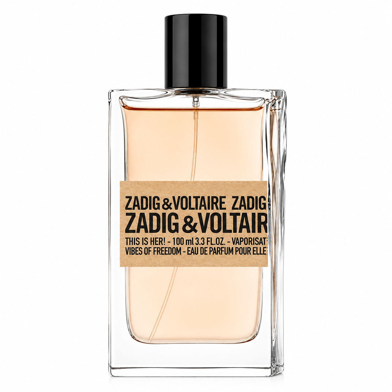Zadig & Voltaire This Is Her! Eau de Parfum presented in its iconic minimalist transparent rectangular glass bottle with soft nude-colored fragrance, bold kraft-paper label featuring the signature black typography, and sleek glossy black cylindrical cap. Displayed on a flawless pure white background with premium studio lighting, crystal-clear reflections, soft natural shadows and exceptional detail that emphasizes the fragrance's contemporary Parisian aesthetic.