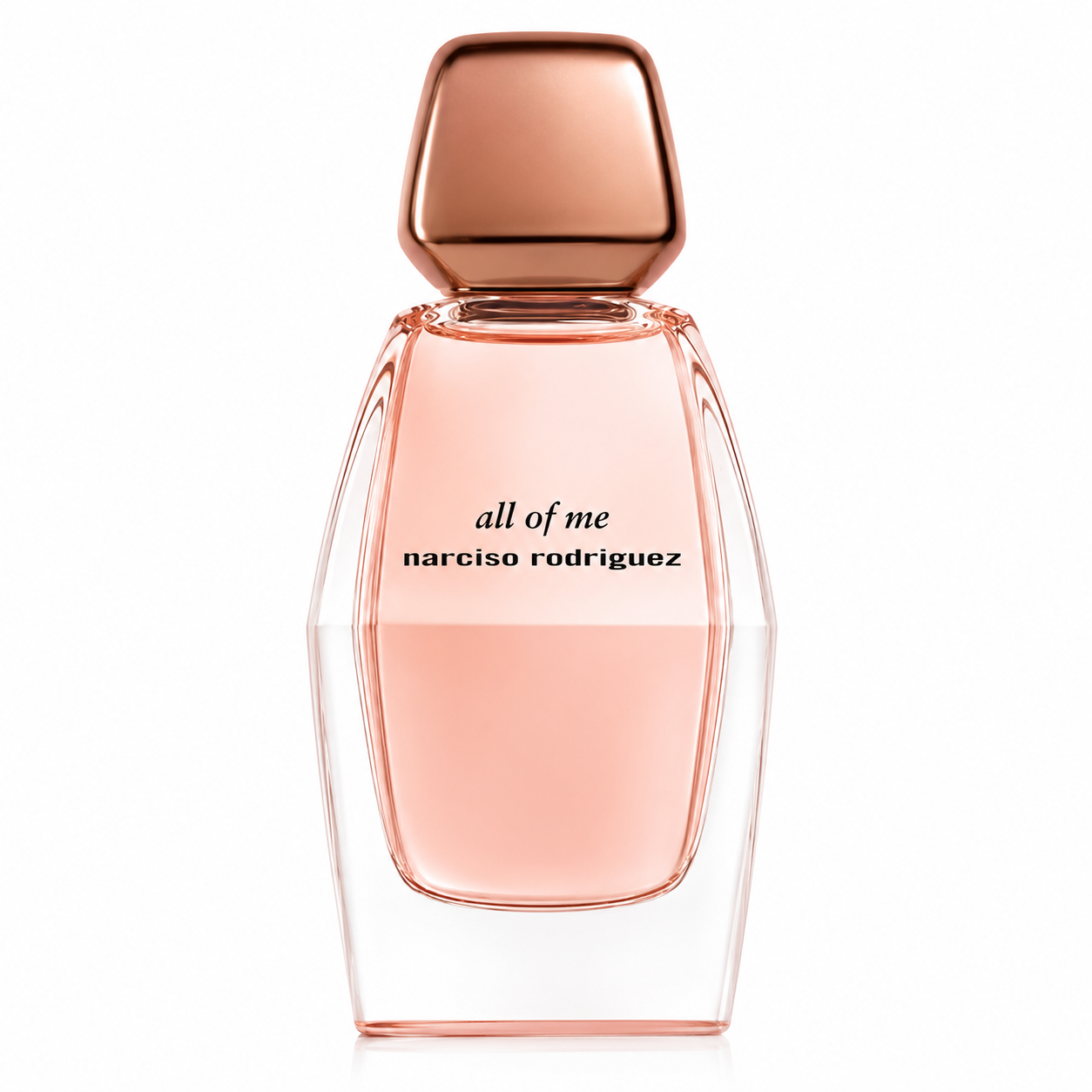 Narciso Rodriguez All of Me Eau de Parfum showcased in its elegant sculptural transparent glass bottle filled with delicate blush-pink fragrance, topped with a luxurious rose-gold metallic cap. Set against a flawless pure white background with premium studio lighting, crystal-clear reflections and soft natural shadows that emphasize the bottle's refined curves, feminine elegance and modern luxury. A clean, sophisticated high-end e-commerce presentation with impeccable detail and realism.