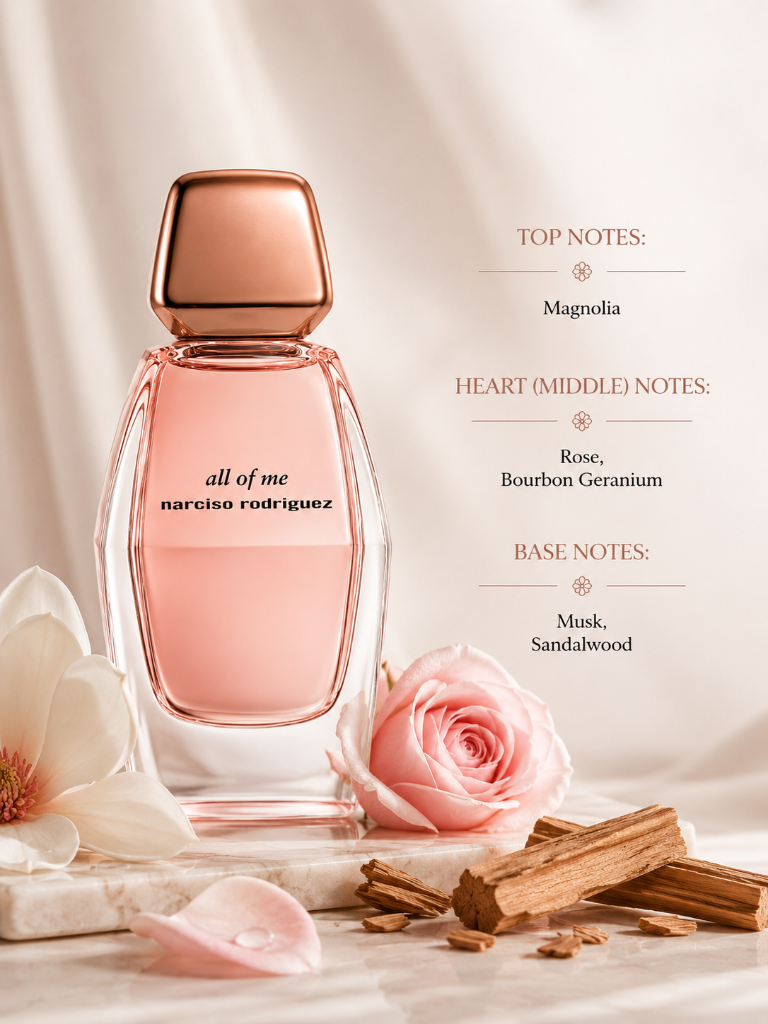 Narciso Rodriguez All of Me Eau de Parfum displayed on an elegant cream marble surface in warm natural sunlight. The composition is surrounded by fresh white magnolia petals, delicate pink roses, aromatic bourbon geranium blossoms, creamy sandalwood pieces and soft flowing ivory fabric. Gentle botanical shadows create an airy, romantic atmosphere that reflects the fragrance's luminous floral bouquet and signature musky warmth. 