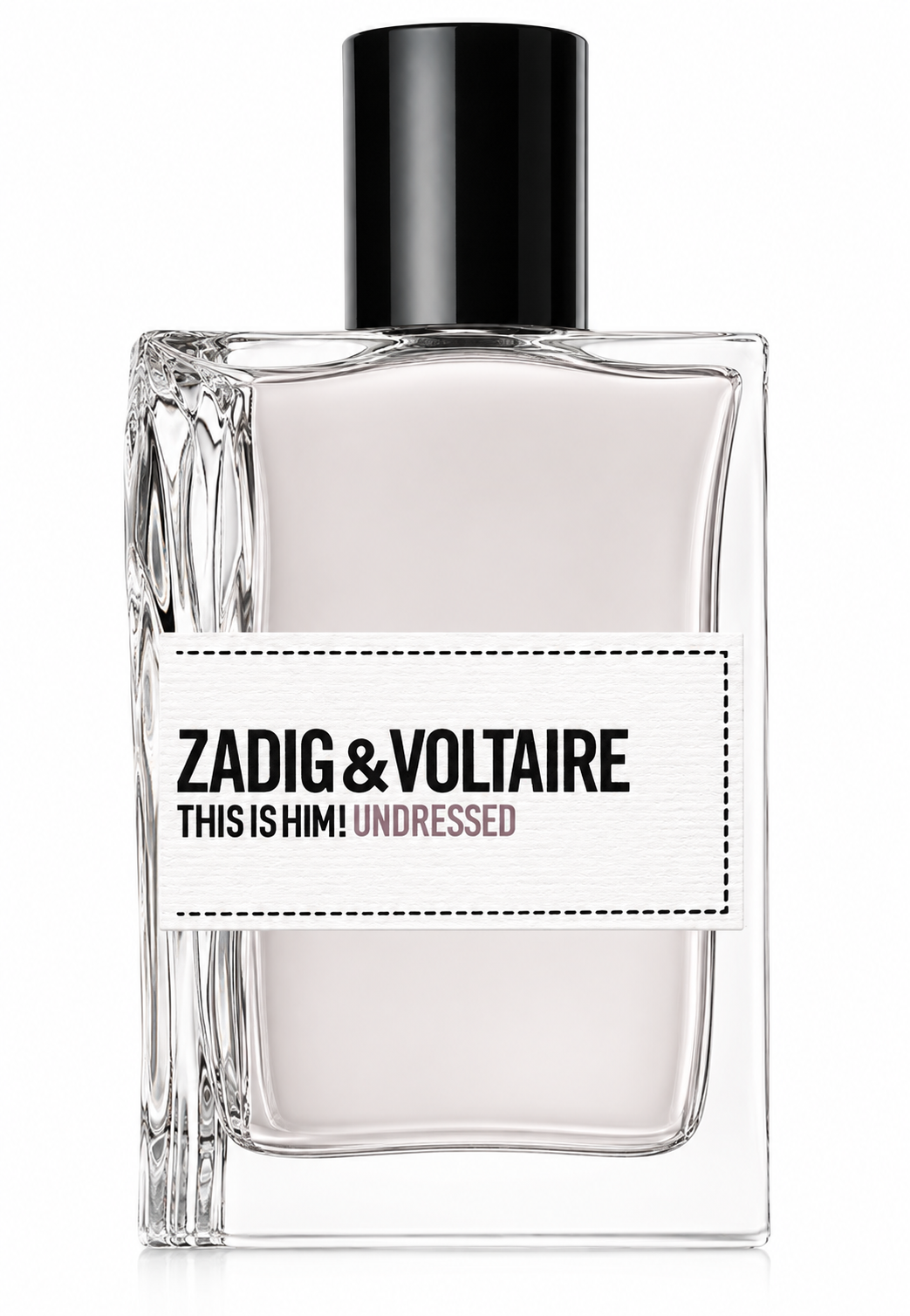 Zadig & Voltaire This Is Him! Undressed Eau de Toilette presented in its minimalist transparent rectangular glass bottle with a soft translucent grey fragrance, signature white stitched fabric label featuring bold black typography and subtle mauve "UNDRESSED" text, finished with a sleek glossy black cylindrical cap. Displayed on a flawless pure white background with premium studio lighting, crystal-clear reflections, soft natural shadows and exceptional detail that highlights the fragrance's modern Parisian