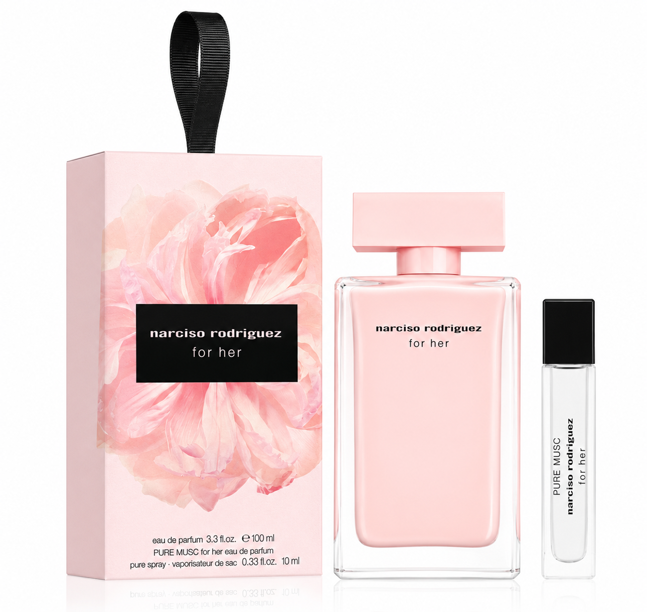 Narciso Rodriguez For Her Gift Set featuring the iconic 100ml Eau de Parfum bottle alongside the matching 10ml travel spray, both presented on a flawless pure white background. The blush-pink bottles with their signature minimalist rectangular design and black caps are arranged elegantly to showcase the complete gift set. Premium studio lighting, soft natural shadows, crystal-clear reflections and ultra-realistic details highlight the luxurious glass finish and feminine aesthetic.