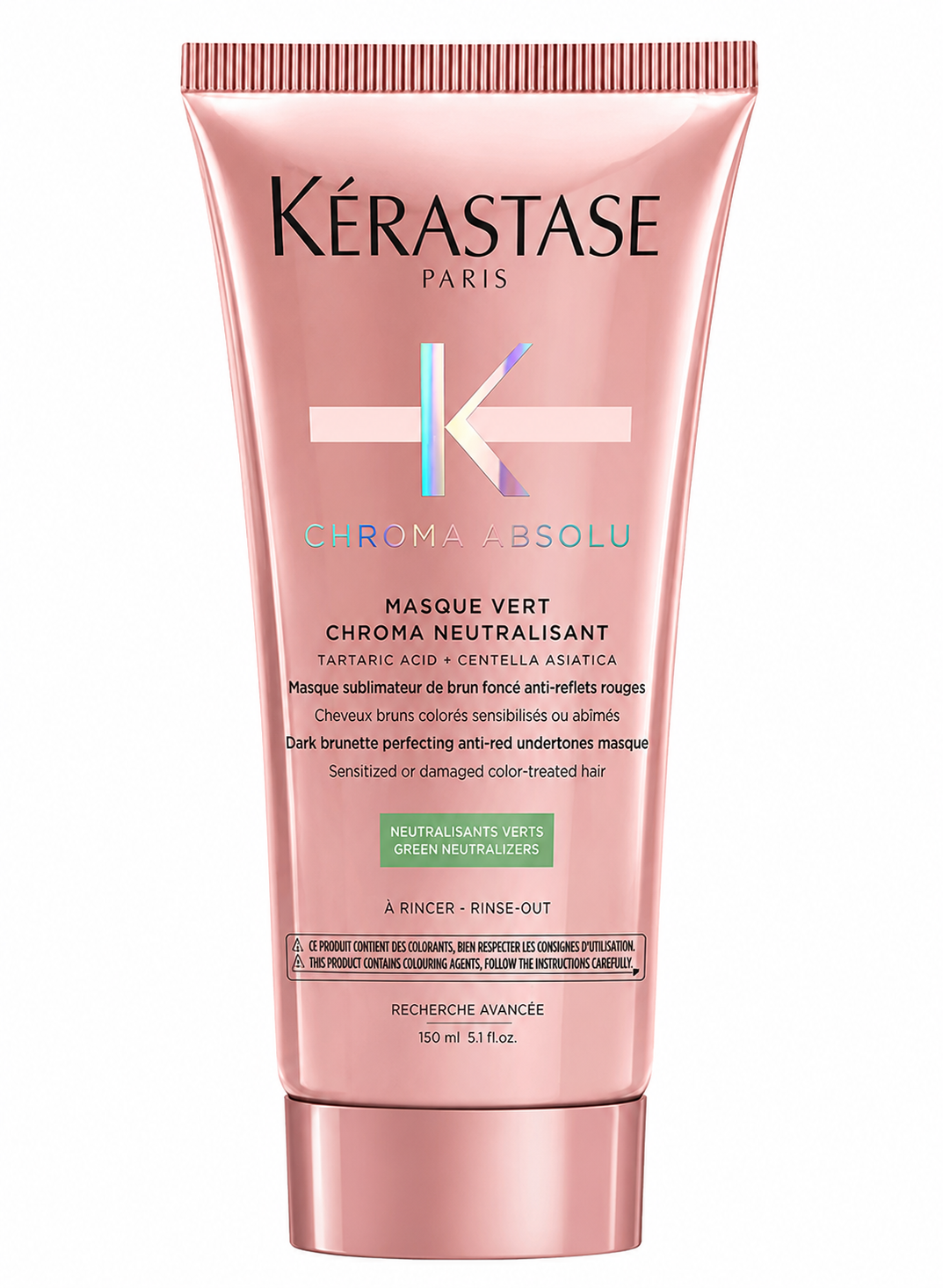 Kérastase Chroma Absolu Masque Vert Chroma Neutralisant presented in a luxurious metallic rose-pink squeeze tube with a glossy finish, holographic Chroma Absolu logo, and elegant black typography. Displayed upright on a pure white background with professional studio lighting, crisp reflections, soft natural shadows, and ultra-sharp detail that emphasizes the premium metallic packaging, smooth texture, and salon-quality aesthetic.