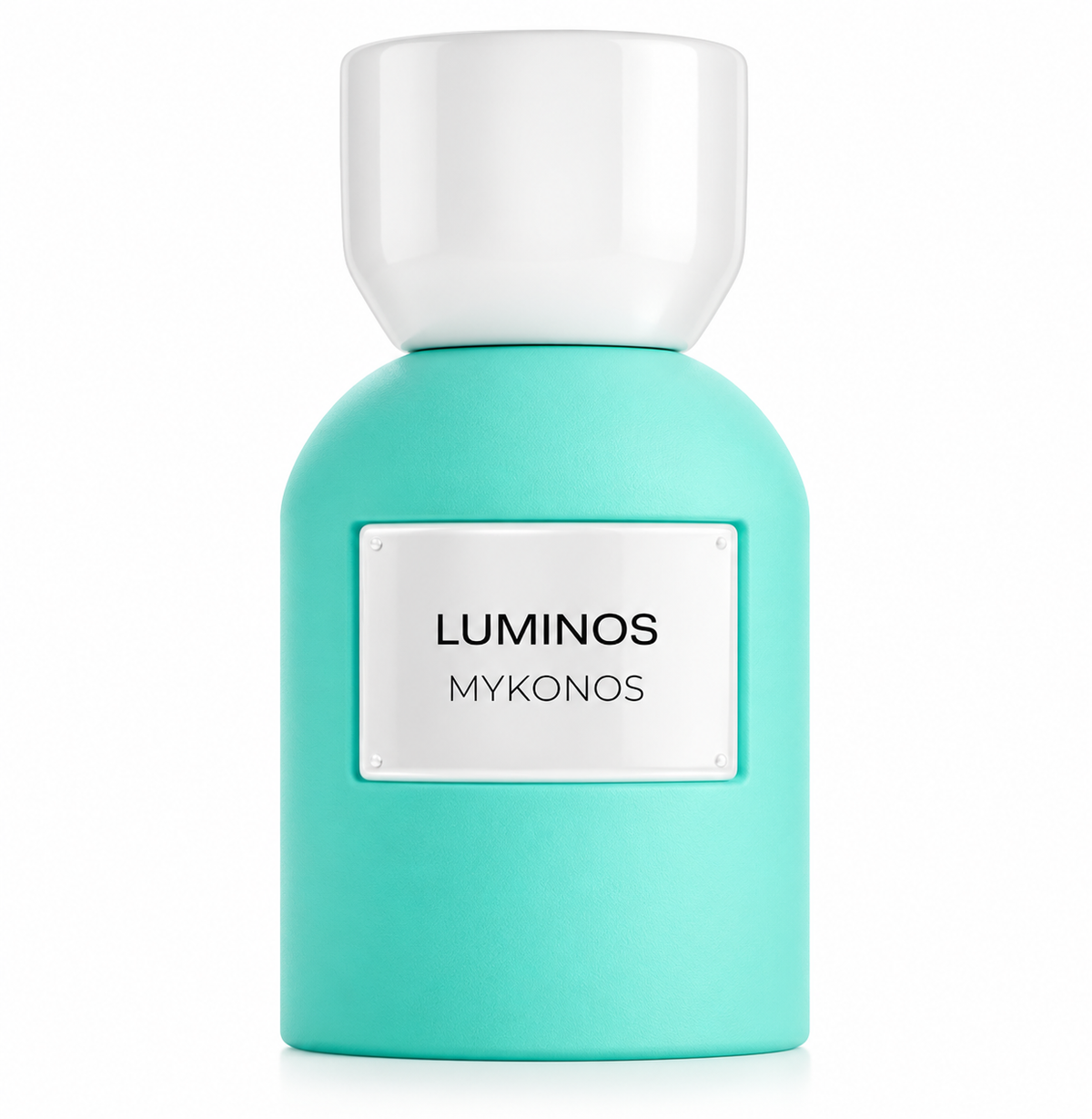 Mykonos Luminos 50ml EDP, featuring a fresh turquoise bottle with a smooth matte finish, glossy white cap and clean silver Luminos Mykonos label, presented against a pristine white background.