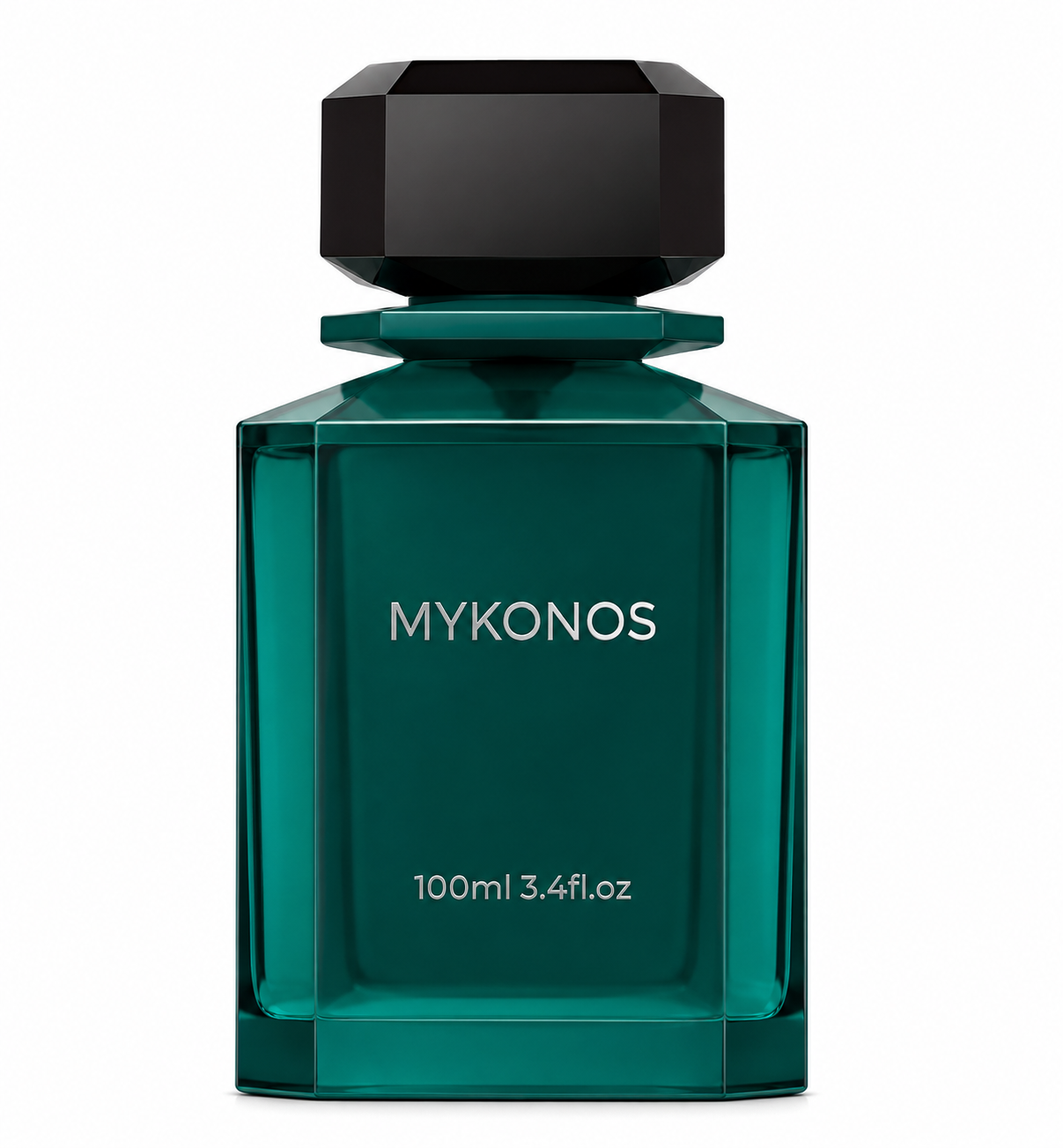 Mykonos Sorrento Eau de Parfum in an elegant deep emerald-green glass bottle with a faceted black cap, isolated on a clean white background.