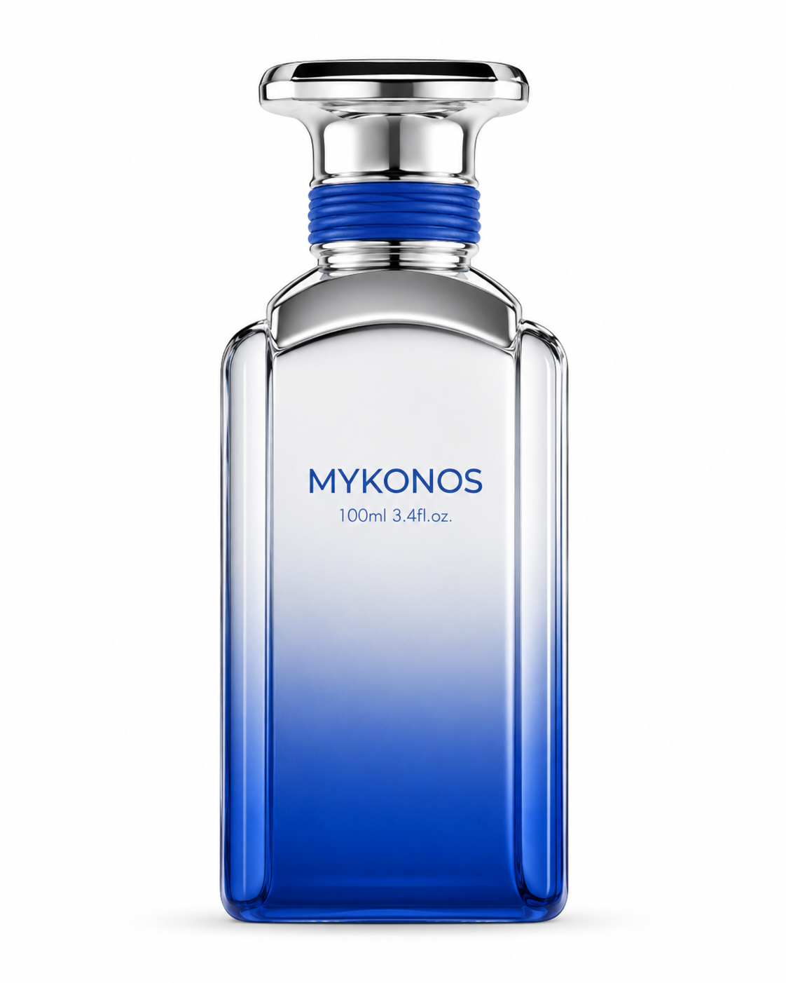 Mykonos California Blue 100ml Eau de Parfum in a sleek blue gradient glass bottle with a polished silver cap, isolated on a clean white background.