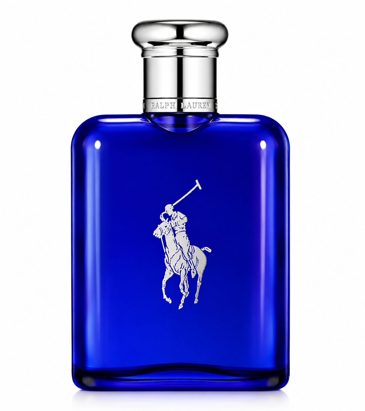 Ralph Lauren Blue Eau de Toilette presented in its iconic deep cobalt-blue glass bottle with a polished silver cap and the signature Polo player logo. Displayed on a flawless pure white background with premium studio lighting, crystal-clear reflections, soft natural shadows and exceptional glass clarity. A clean, elegant and luxurious high-end e-commerce product presentation that emphasizes the rich blue bottle, refined craftsmanship and timeless masculine style.