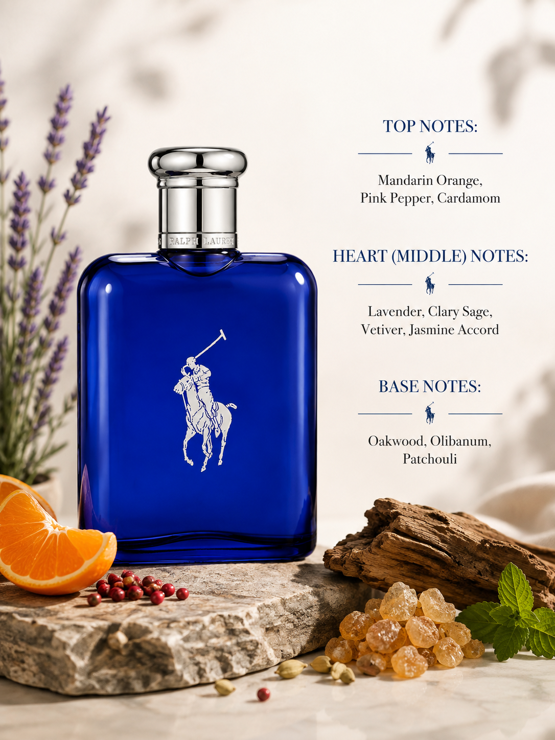 Ralph Lauren Blue Eau de Toilette displayed on a natural stone surface in soft golden daylight, surrounded by fresh mandarin oranges, pink peppercorns, green cardamom pods, blooming lavender, aromatic clary sage, vetiver roots, oakwood, frankincense resin and rich patchouli wood. The background features subtle botanical shadows and a refined outdoor atmosphere, evoking freshness, confidence and understated luxury.