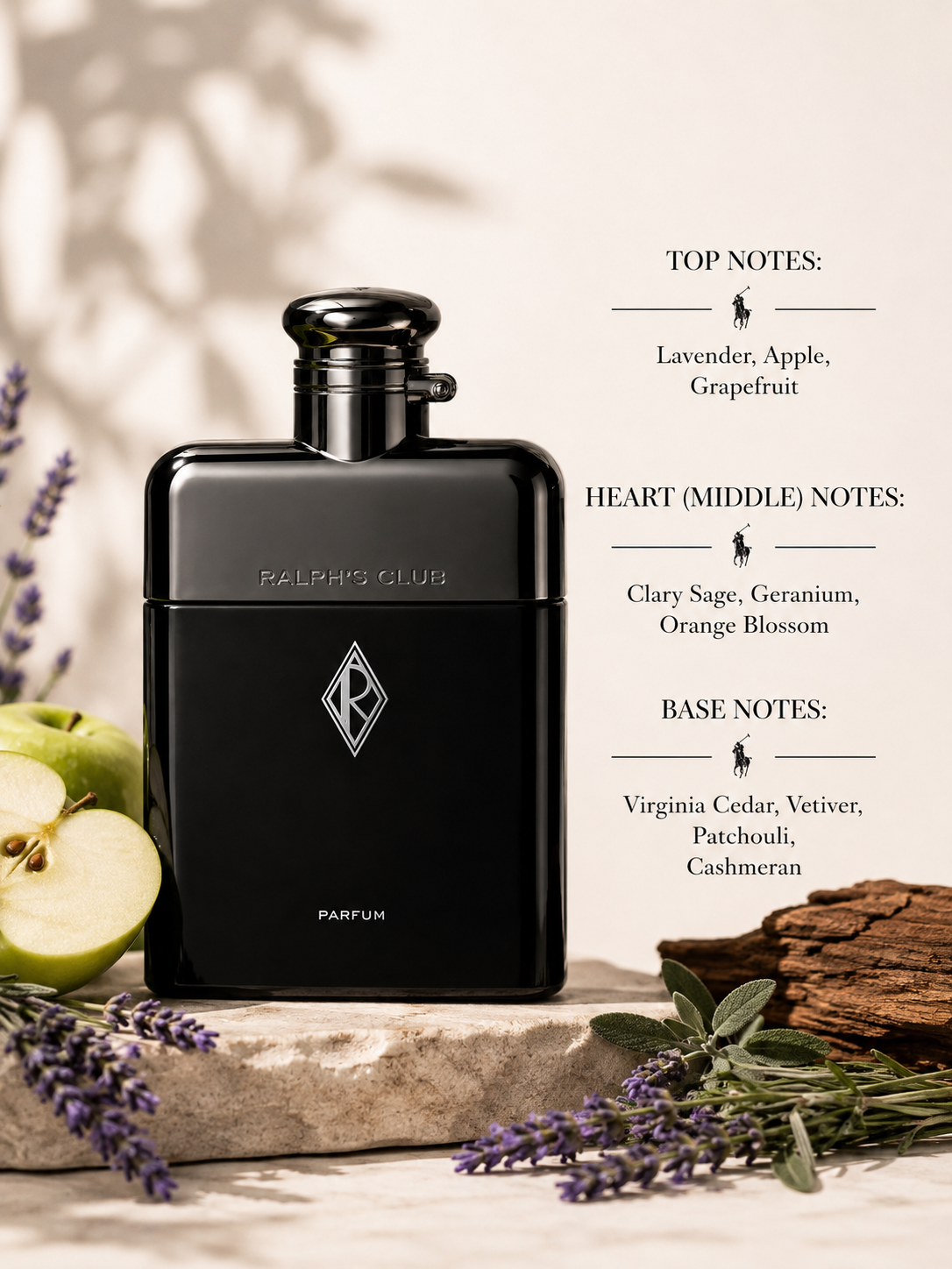 Ralph Lauren Ralph's Club Parfum displayed on an elegant natural stone surface in warm golden sunlight, surrounded by fresh lavender sprigs, crisp green apple slices, juicy grapefruit, aromatic clary sage, blooming orange blossom, Virginia cedarwood, vetiver roots, rich patchouli leaves and smooth cashmeran-inspired wood textures. Soft botanical shadows and luxurious earthy tones create a sophisticated, modern gentleman's atmosphere that reflects the fragrance's aromatic, woody and refined signature.
