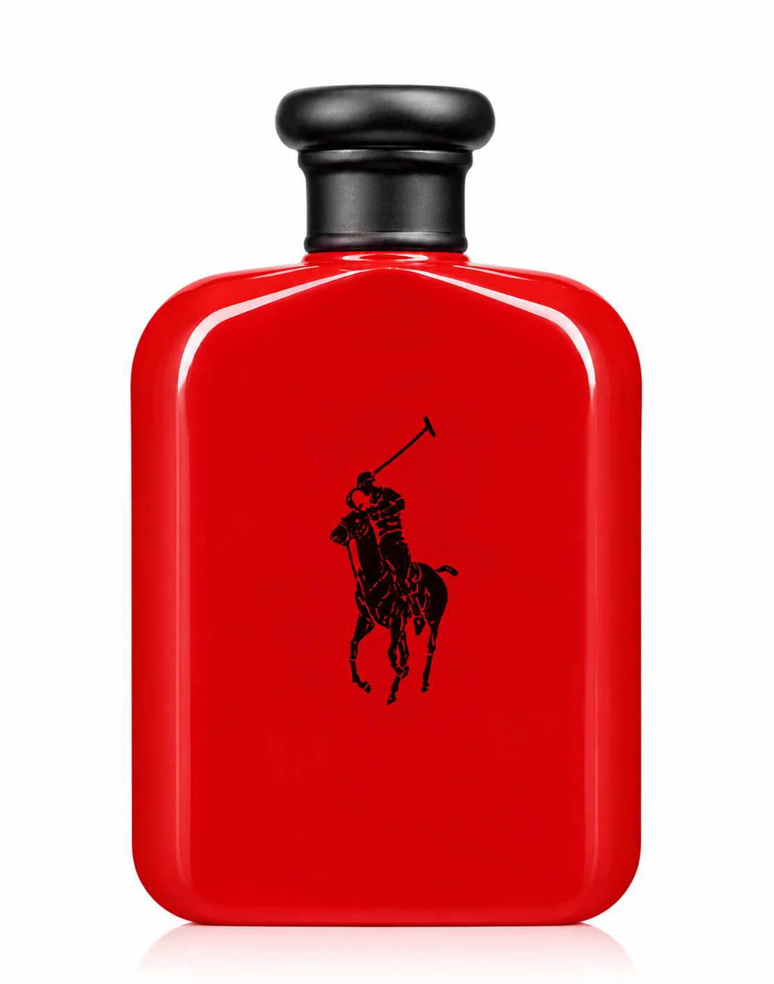 Ralph Lauren Polo Red Eau de Parfum presented in its iconic bold matte red bottle with a contrasting matte black cap and the signature Polo player logo. Displayed on a flawless pure white background with premium studio lighting, crystal-clear reflections, soft natural shadows and exceptional detail that highlights the vibrant red finish and modern masculine design. A clean, luxurious high-end e-commerce presentation with impeccable realism and refined elegance.
