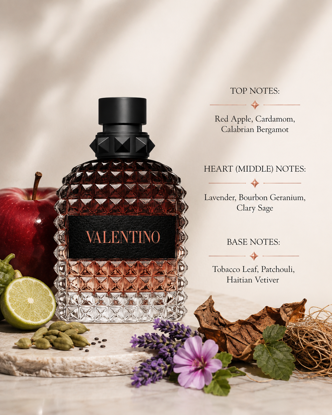 Valentino Uomo Born In Roma Coral Fantasy Eau de Toilette elegantly displayed on a refined beige travertine stone pedestal in warm golden afternoon light. The composition is surrounded by crisp red apples, fresh Calabrian bergamot and sliced bergamot, aromatic green cardamom pods, blooming lavender, bourbon geranium flowers, fresh clary sage leaves, dried tobacco leaves, earthy Haitian vetiver roots and rich patchouli foliage.