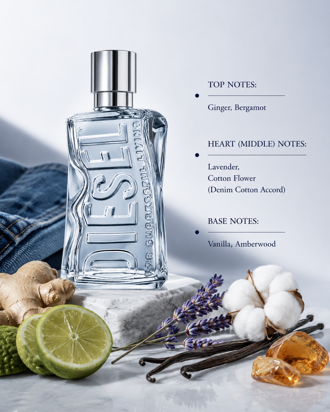 Diesel D by Diesel 100ml Eau de Toilette for Men displayed with ginger, bergamot, lavender, cotton flower, vanilla, amberwood and denim-inspired accents, highlighting its fresh woody fragrance.