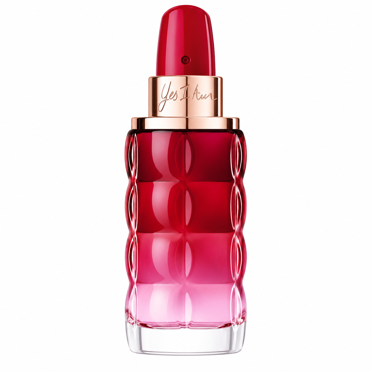 Cacharel Yes I Am Bloom Up 50ml Eau de Parfum for Women in a lipstick-inspired pink and red bottle, isolated on a pure white background.
