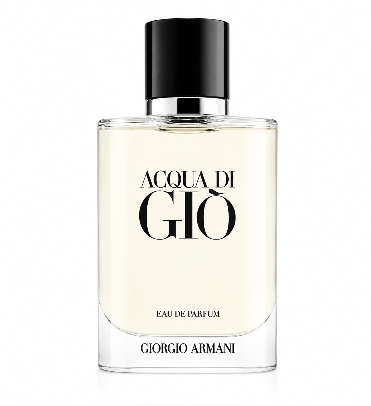 Giorgio Armani Acqua di Giò Eau de Parfum 50ml for Men in a clear glass bottle with a black cap, isolated on a pure white background.