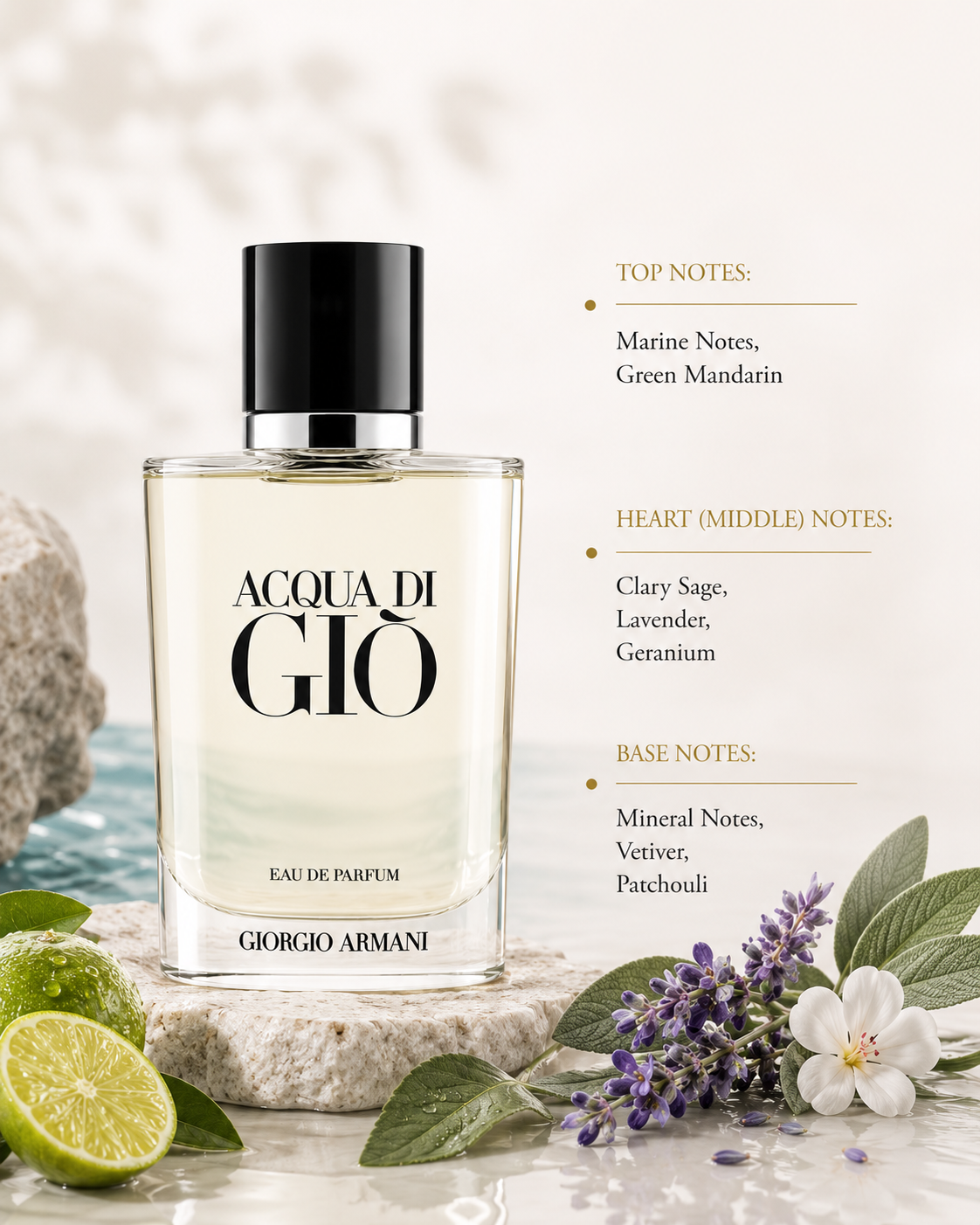 Giorgio Armani Acqua di Giò Eau de Parfum 50ml for Men displayed with marine notes, green mandarin, lavender, vetiver and patchouli, highlighting its fresh aromatic marine fragrance.