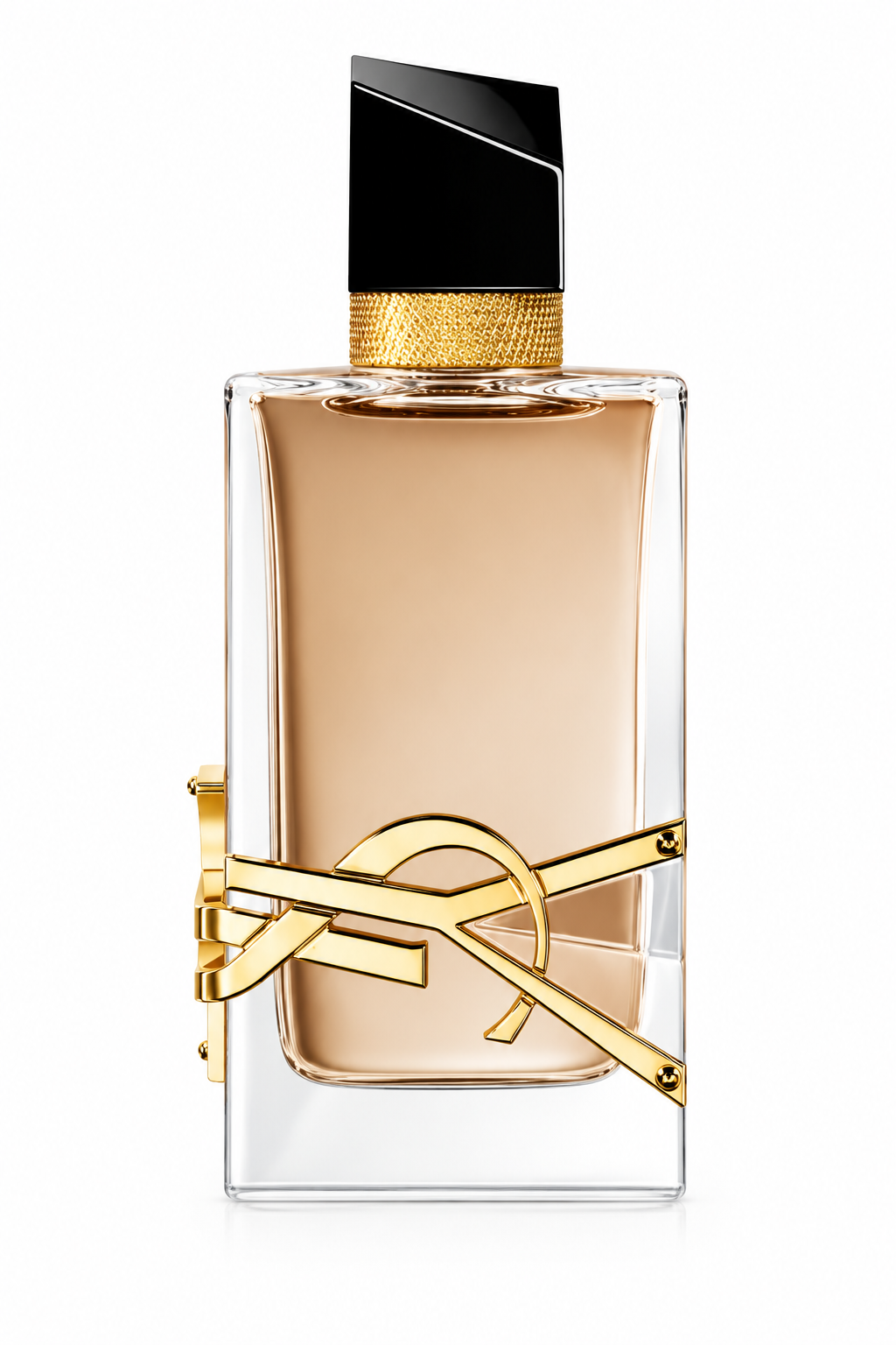 Yves Saint Laurent Libre Flowers & Flames 90ml EDP for Women presented in its elegant rectangular glass bottle with warm nude-golden fragrance, the iconic oversized polished gold YSL Cassandre logo, textured gold neck and sculptural black cap, photographed against a clean pure white background.